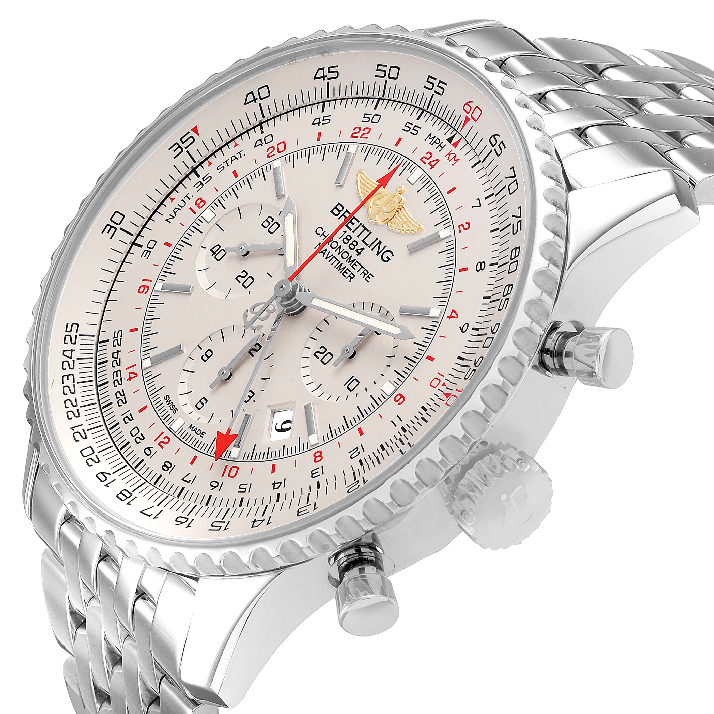 The Breitling Navitimer AB0441 Men's Stainless Steel Silver Dial watch is shown at an angled close-up, highlighting the dial, bezel, crown, and chronograph buttons.