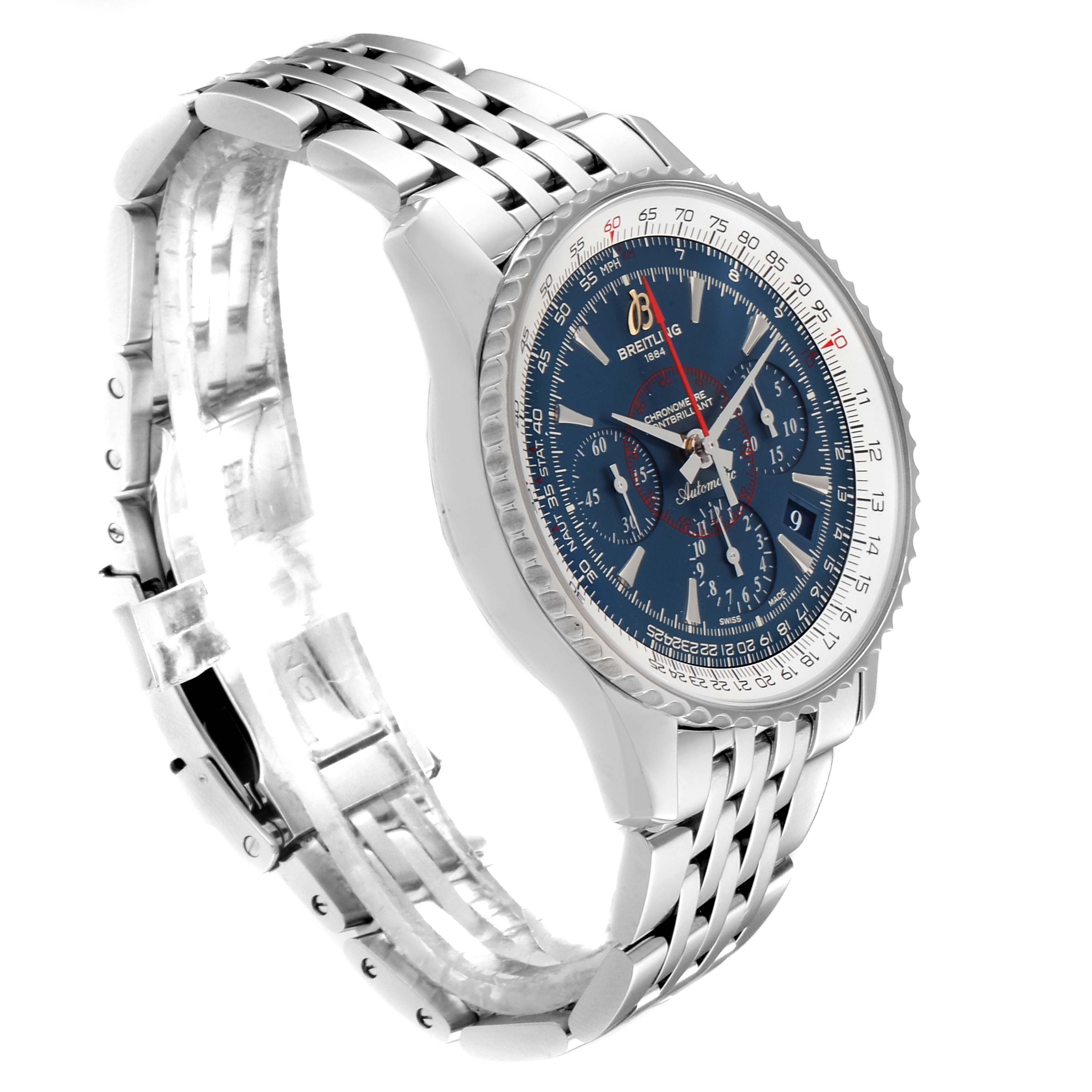 This image showcases a Breitling Navitimer AB0130C5-C894-448A Men's Stainless Steel Blue Dial AB0130C5-C894-448A Men's Stainless Steel Blue Dial watch at a right-side angle, highlighting its face, bezel, and bracelet.