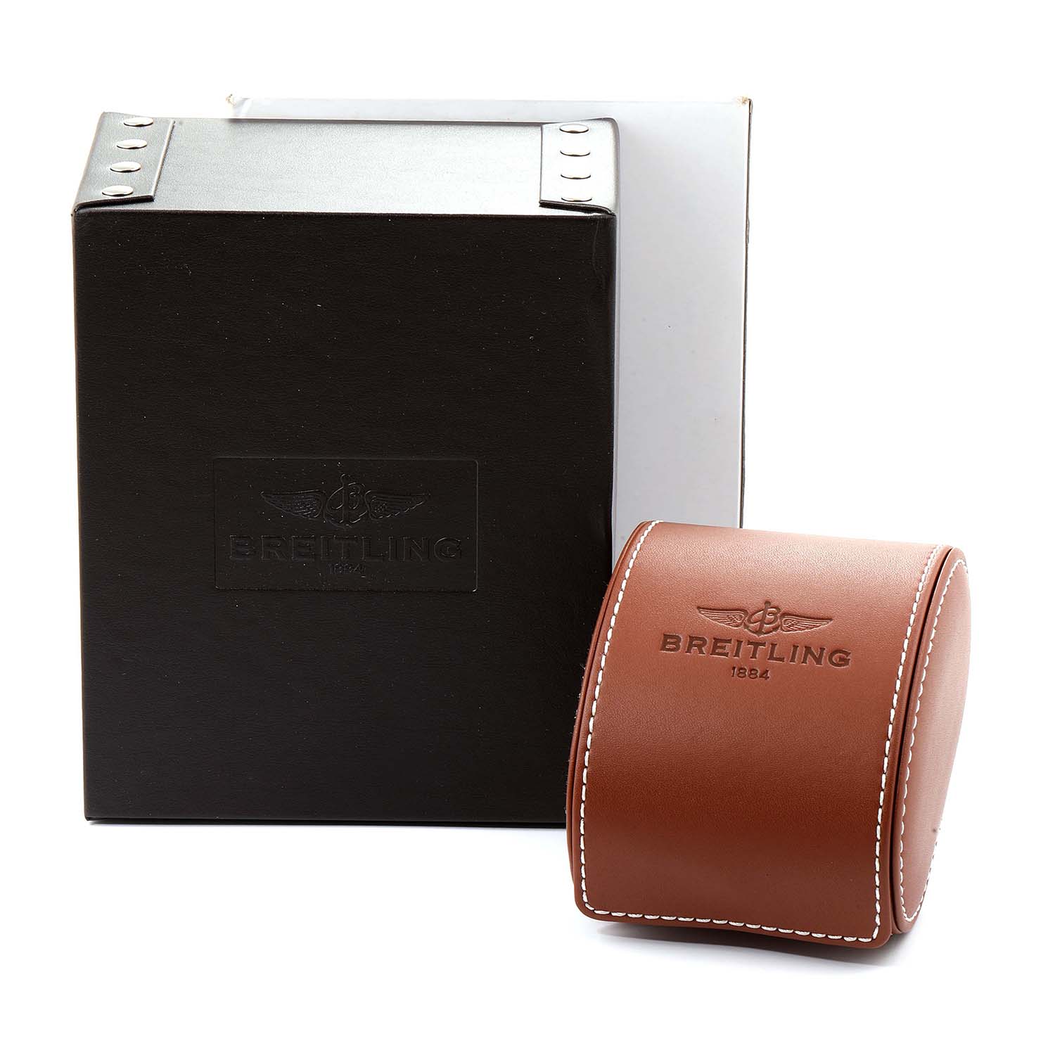 The image shows the packaging and leather case for the Breitling Navitimer AB0130C5-C894-448A Men's Stainless Steel Blue Dial AB0130C5-C894-448A Men's Stainless Steel Blue Dial watch.