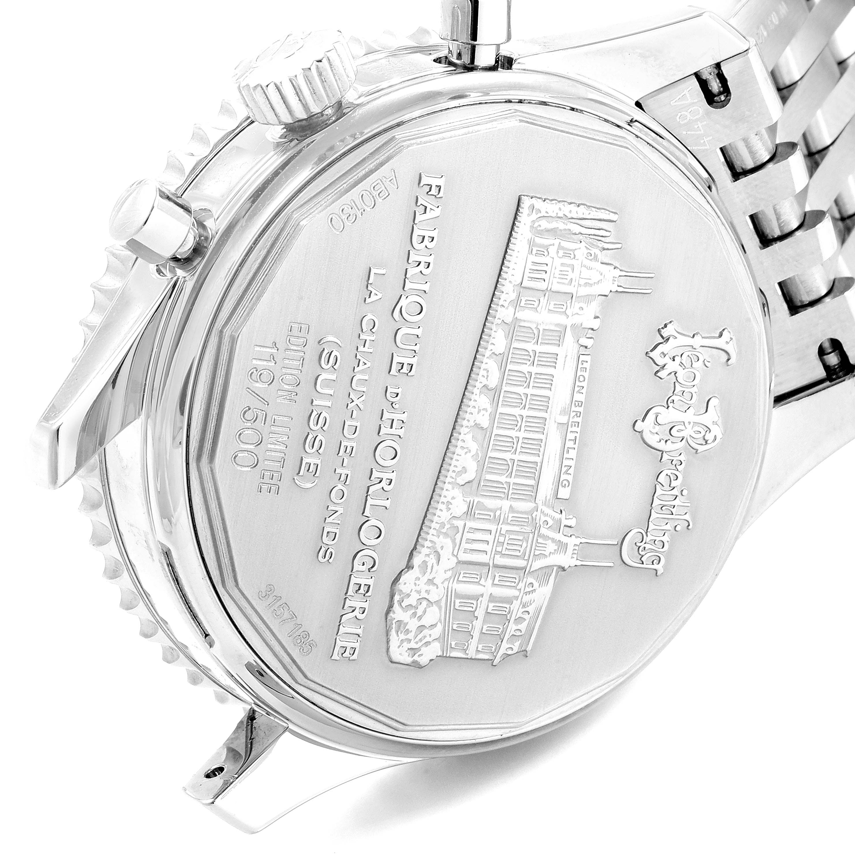 The image shows the back case and part of the bracelet of a Breitling Navitimer AB0130C5-C894-448A Men's Stainless Steel Blue Dial AB0130C5-C894-448A Men's Stainless Steel Blue Dial watch, highlighting the embossed text and design.