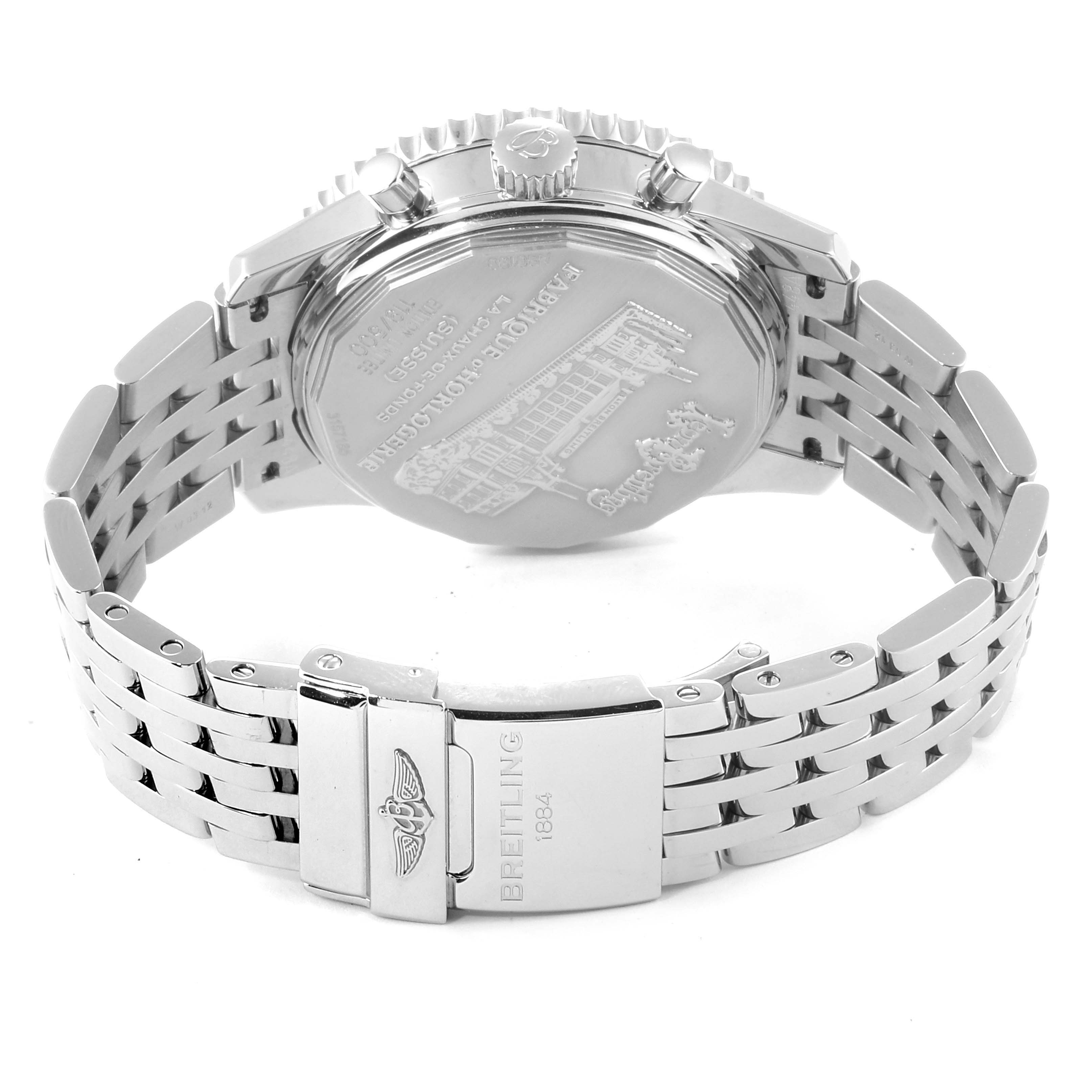 The image shows the back case and clasp of a Breitling Navitimer AB0130C5-C894-448A Men's Stainless Steel Blue Dial AB0130C5-C894-448A Men's Stainless Steel Blue Dial watch at an angle facing the rear.