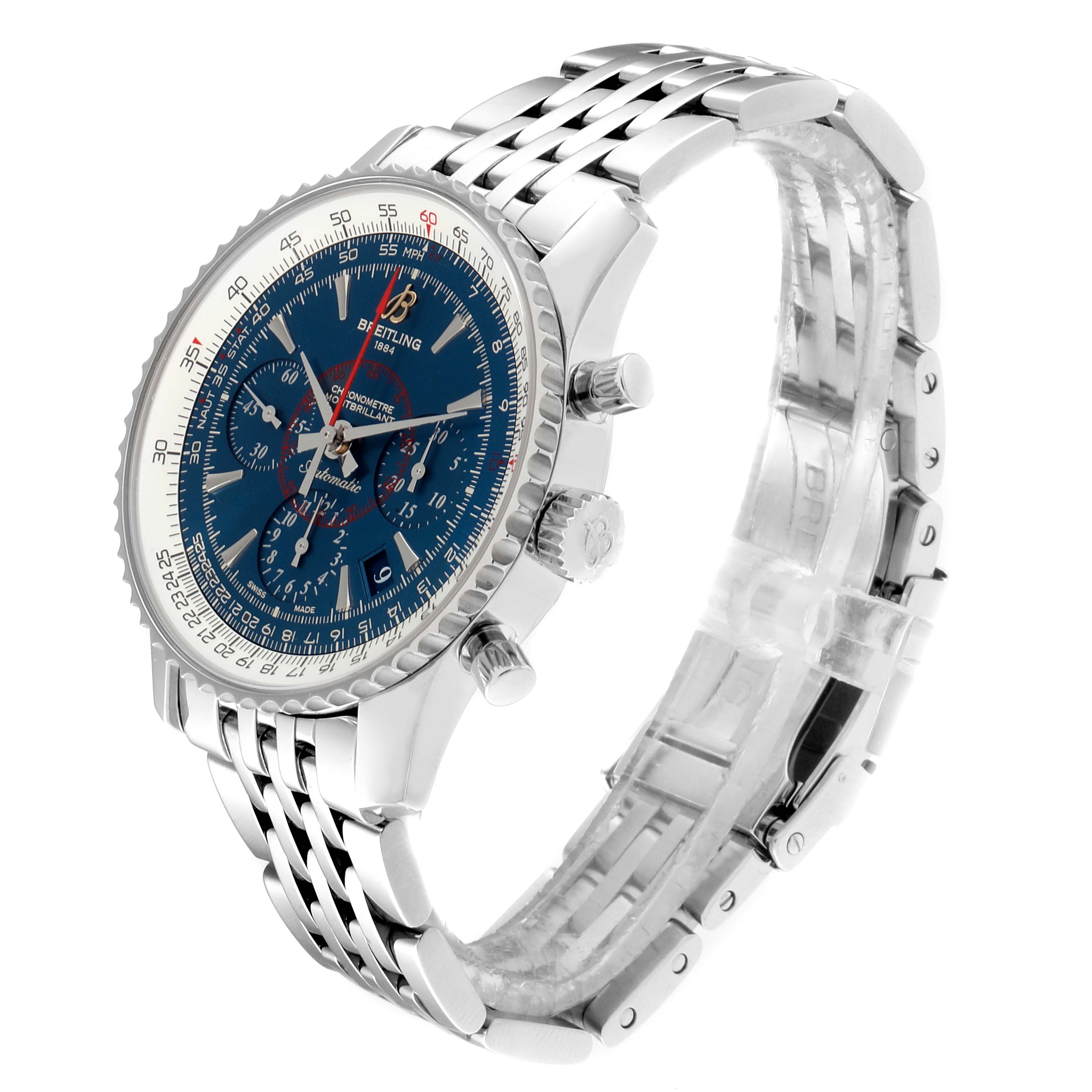 The Breitling Navitimer AB0130C5-C894-448A Men's Stainless Steel Blue Dial AB0130C5-C894-448A Men's Stainless Steel Blue Dial watch is shown from a front-side angle, displaying the face, bezel, crown, pushers, and bracelet.