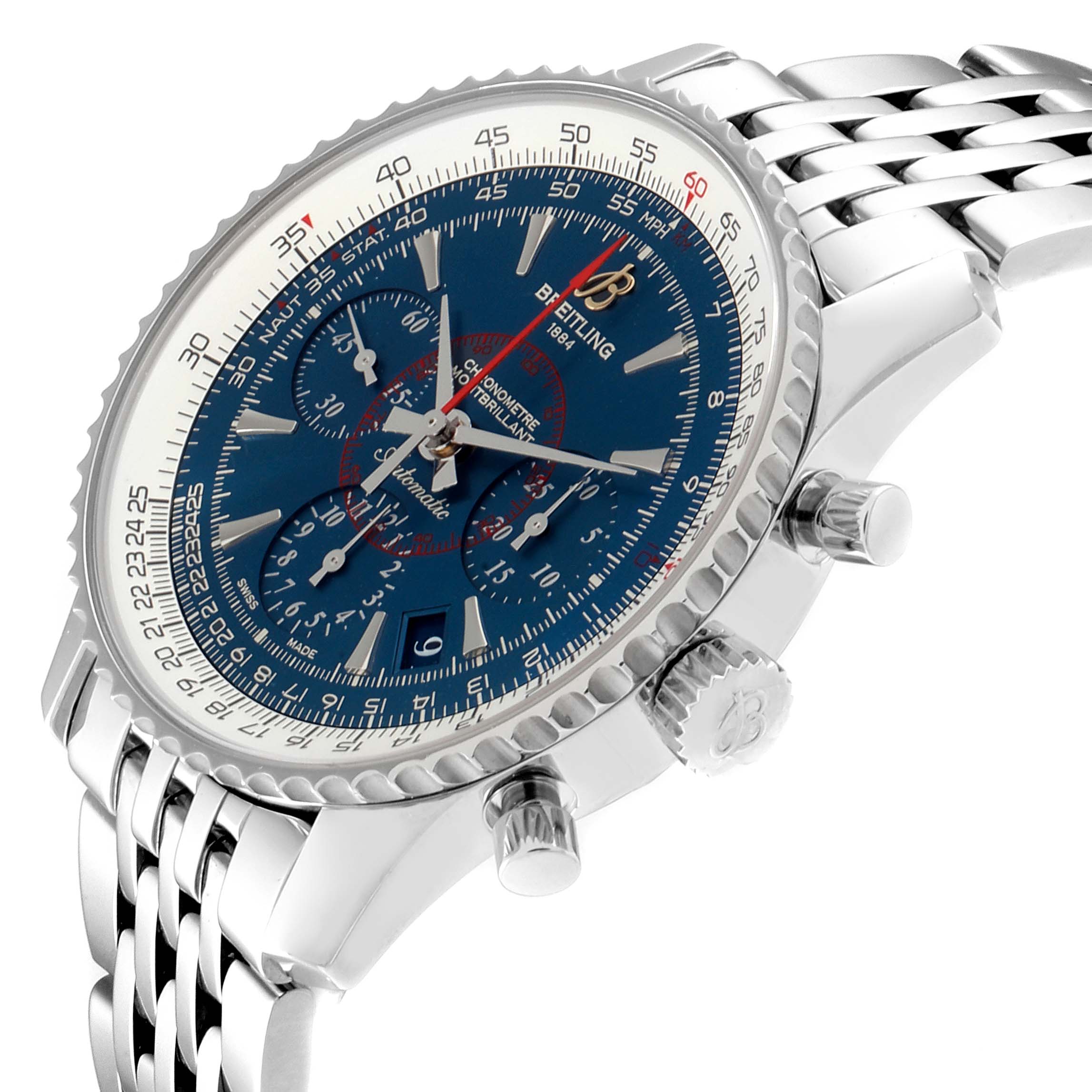The image shows a Breitling Navitimer AB0130C5-C894-448A Men's Stainless Steel Blue Dial AB0130C5-C894-448A Men's Stainless Steel Blue Dial watch at an angle highlighting its face, crown, pushers, and part of the bracelet.