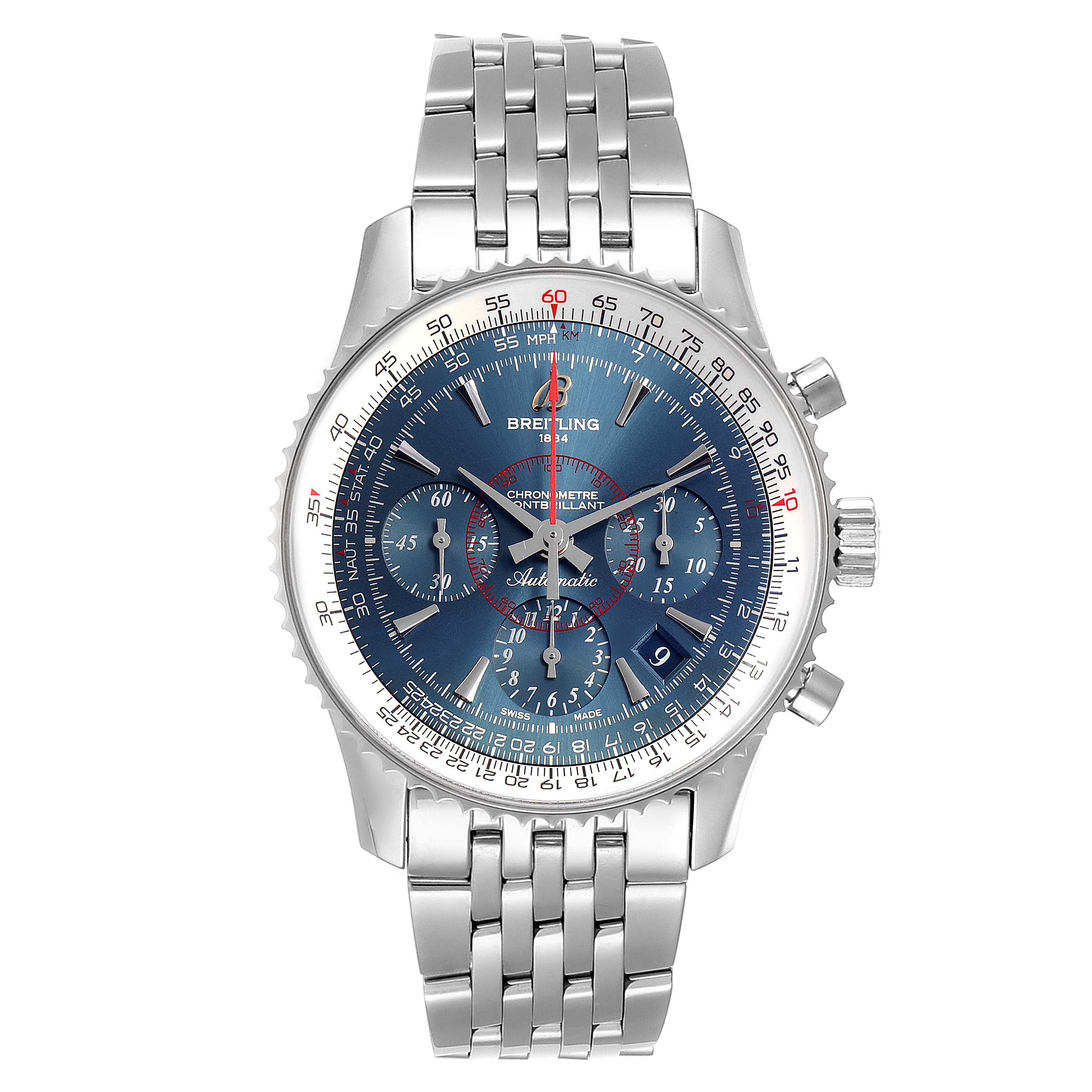 The image shows a front view of the Breitling Navitimer AB0130C5-C894-448A Men's Stainless Steel Blue Dial AB0130C5-C894-448A Men's Stainless Steel Blue Dial watch, showcasing its dial, bezel, and stainless steel bracelet.