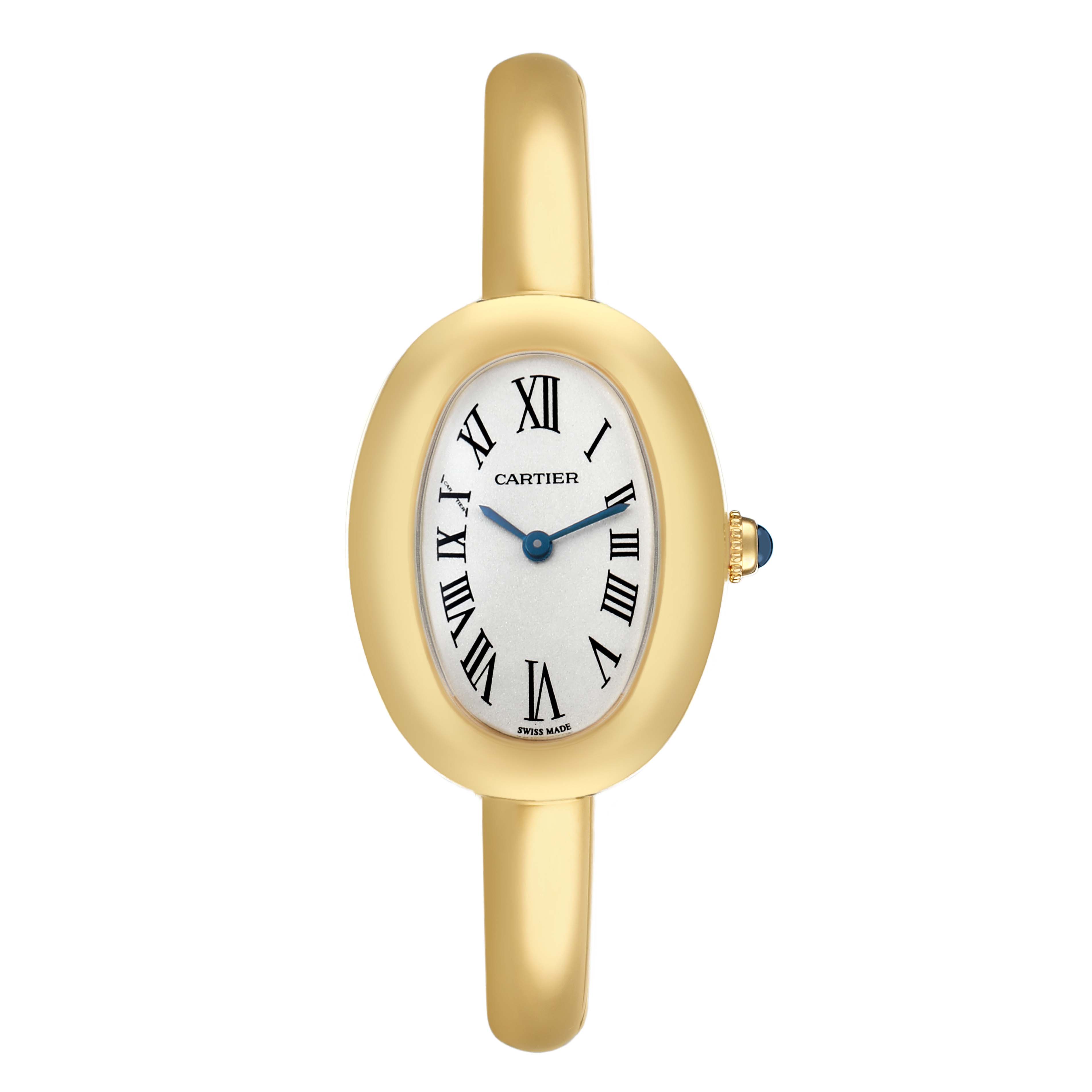 The Cartier Baignoire WGBA0025 Women's Yellow Gold Silver Dial watch is shown from a front angle, displaying its oval face, gold case, Roman numerals, and blue hands.