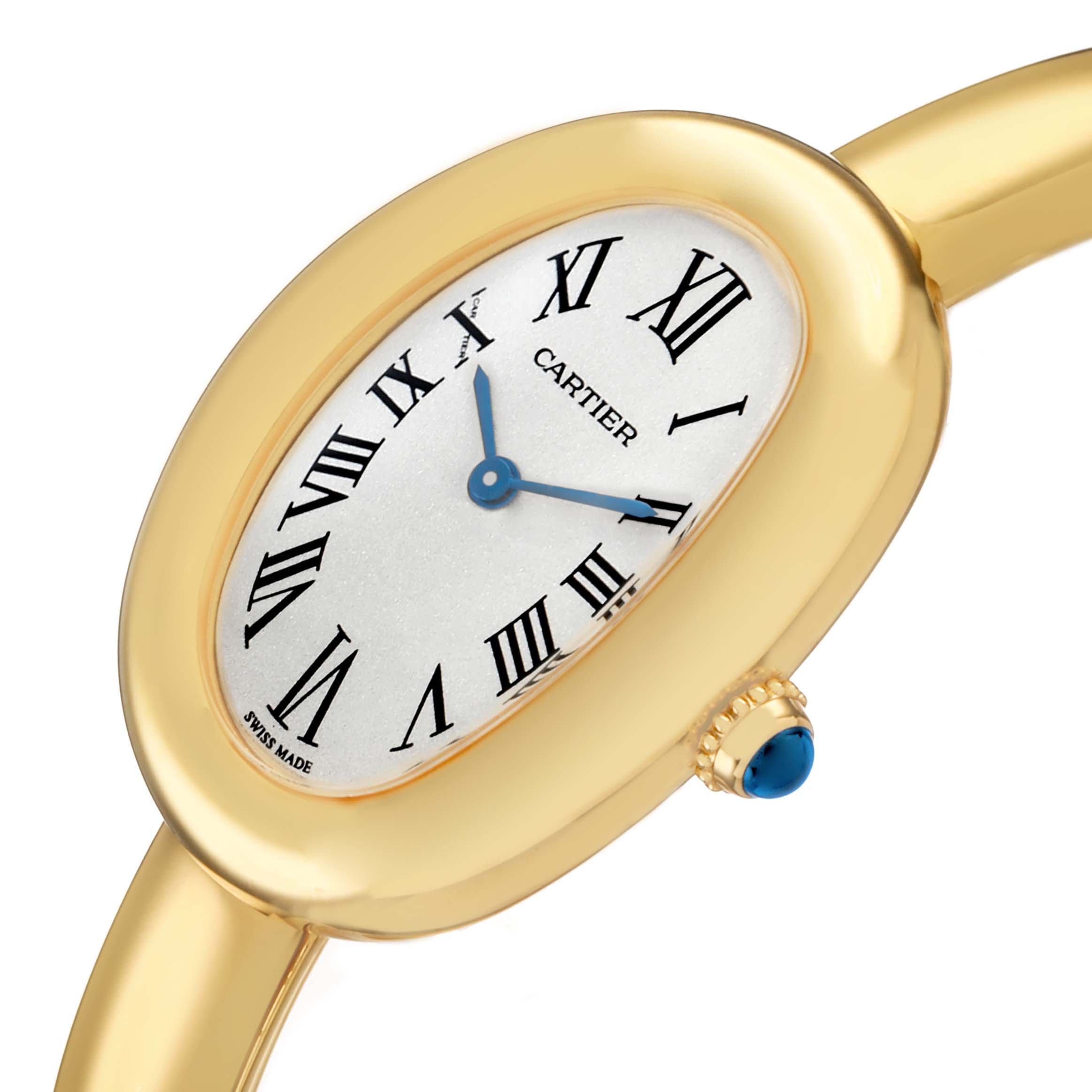 The Cartier Baignoire WGBA0025 Women's Yellow Gold Silver Dial watch is shown at an angle displaying the oval face, Roman numerals, and a blue cabochon crown.
