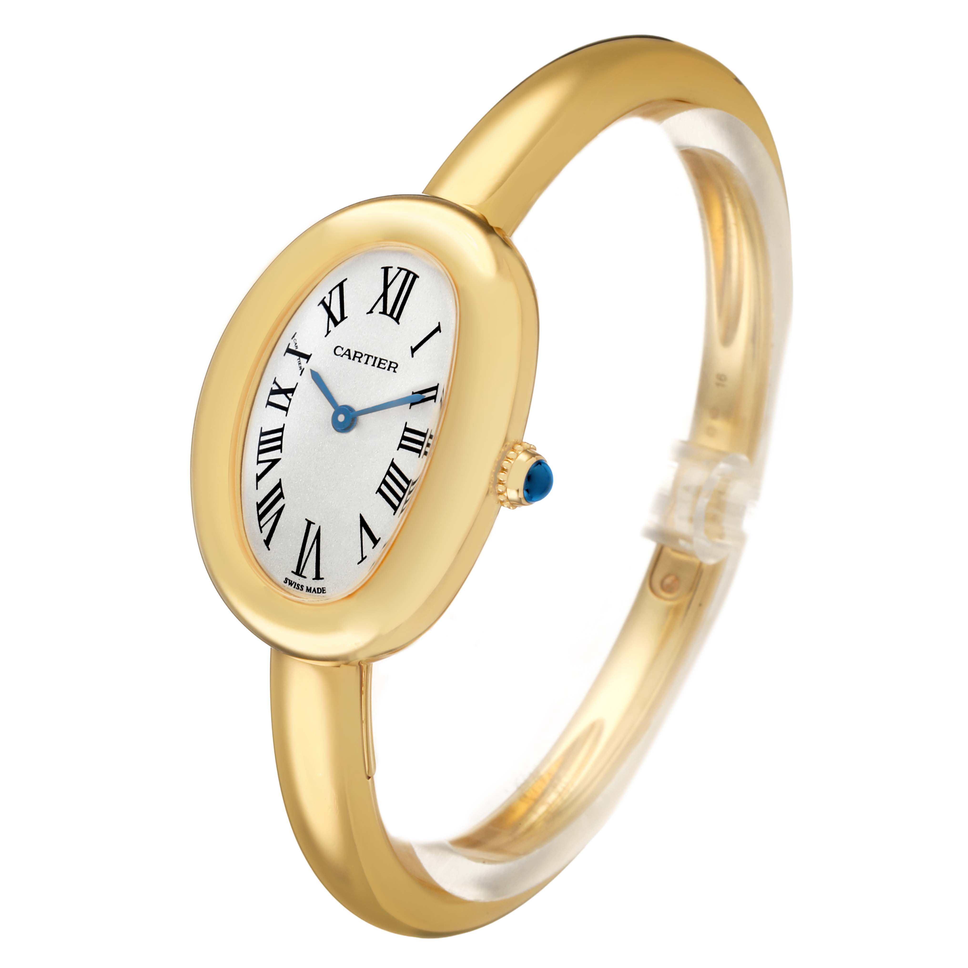The Cartier Baignoire WGBA0025 Women's Yellow Gold Silver Dial watch is shown at an angled view highlighting its oval face, Roman numerals, and gold bracelet.