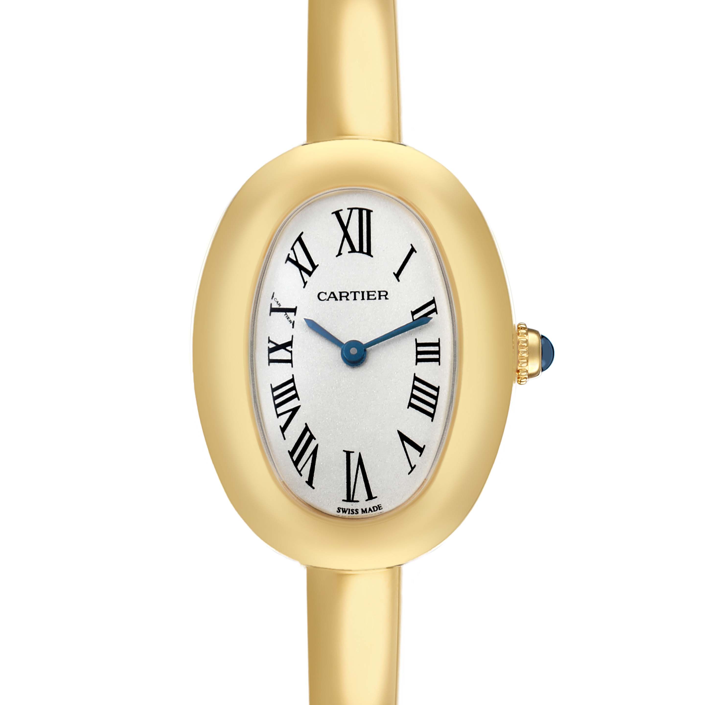 The Cartier Baignoire WGBA0025 Women's Yellow Gold Silver Dial watch is shown from a front angle, displaying the oval case, Roman numerals, and crown detail.