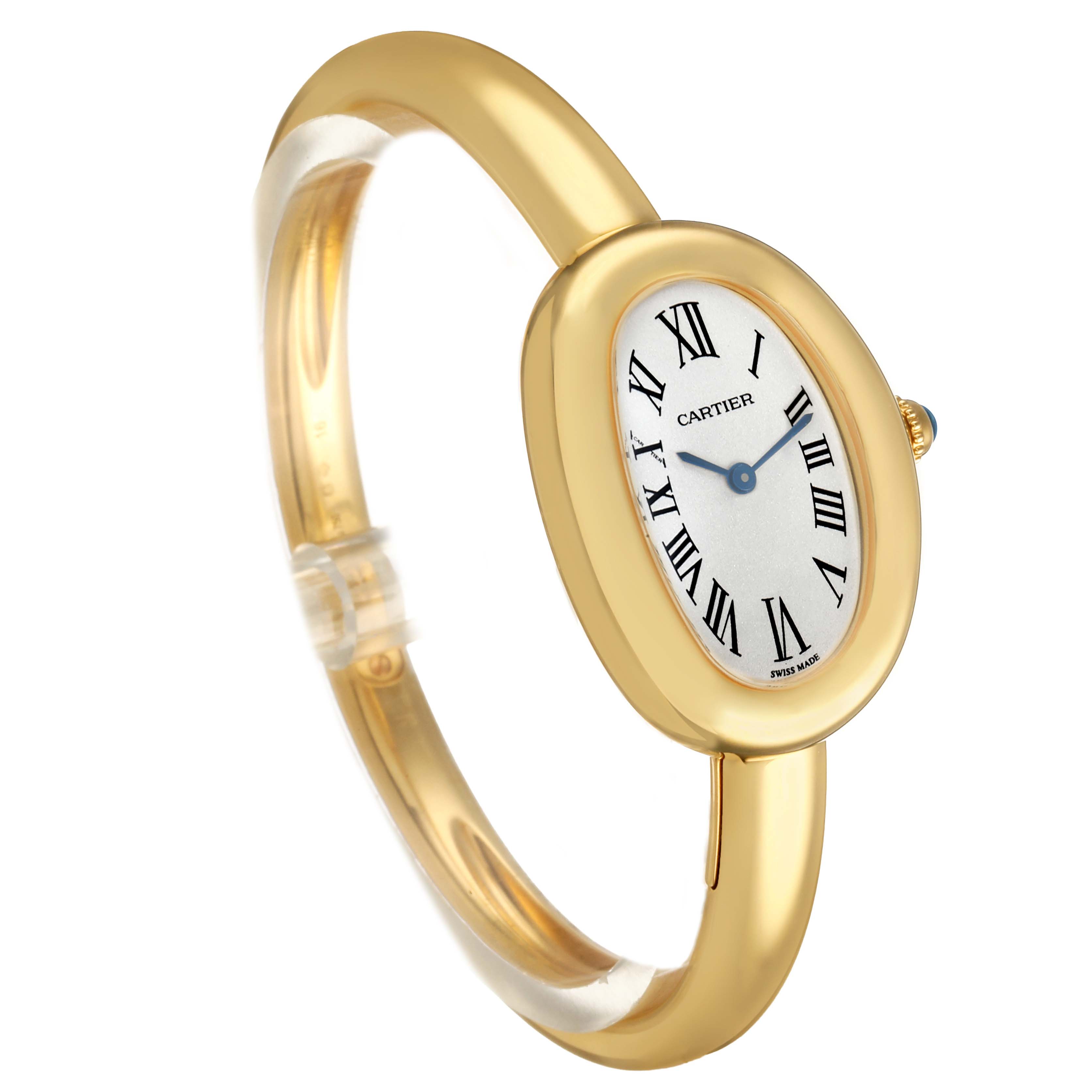 The Cartier Baignoire WGBA0025 Women's Yellow Gold Silver Dial watch is shown at a slight side angle, highlighting its oval face, gold case, and bracelet.