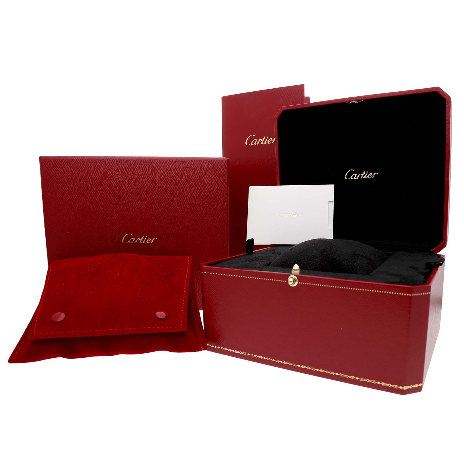 The image shows a Cartier Baignoire WGBA0025 Women's Yellow Gold Silver Dial watch box and accessories, including a red case, cushion, and certificates.