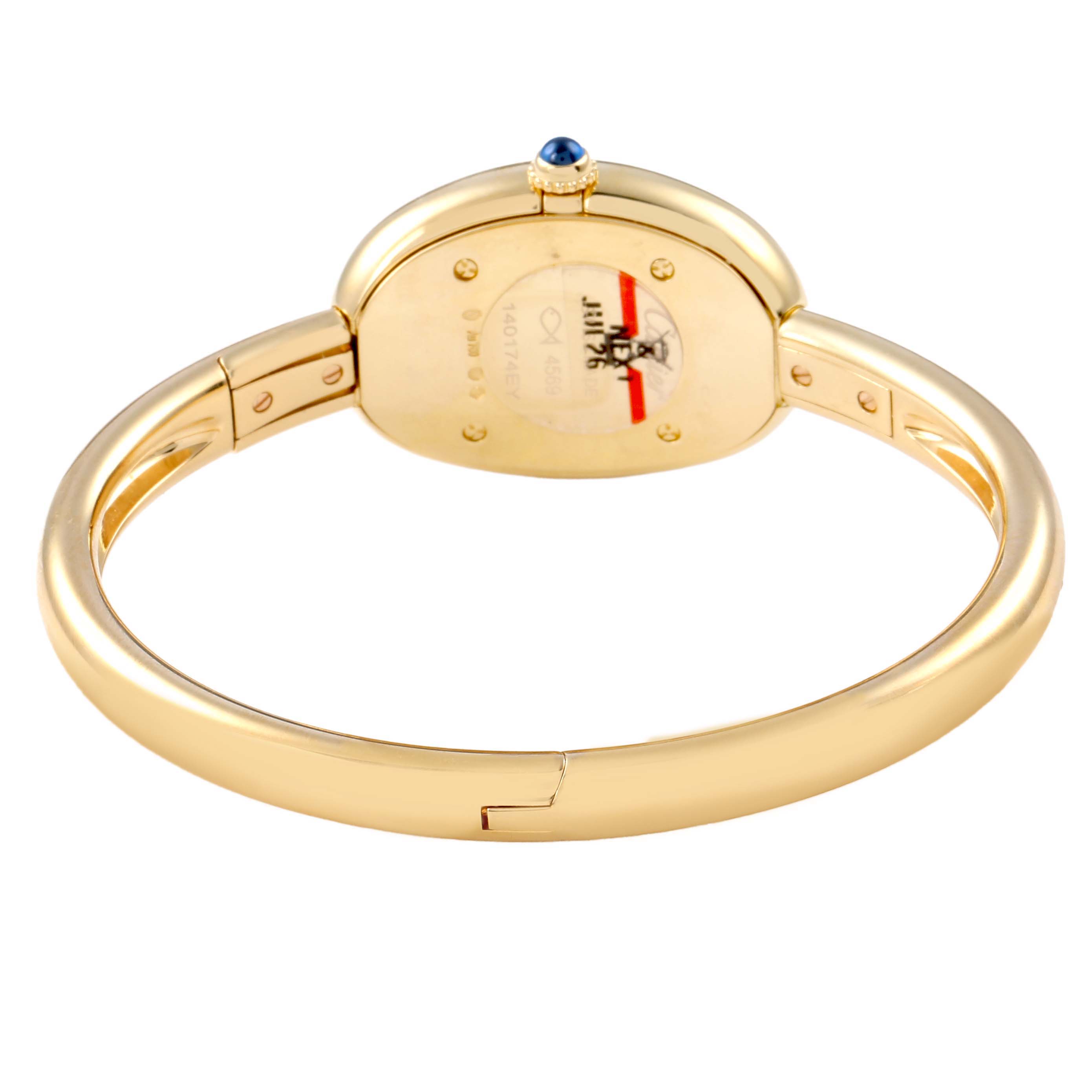 The Cartier Baignoire WGBA0025 Women's Yellow Gold Silver Dial watch is shown from the back angle, highlighting the back case and bracelet.