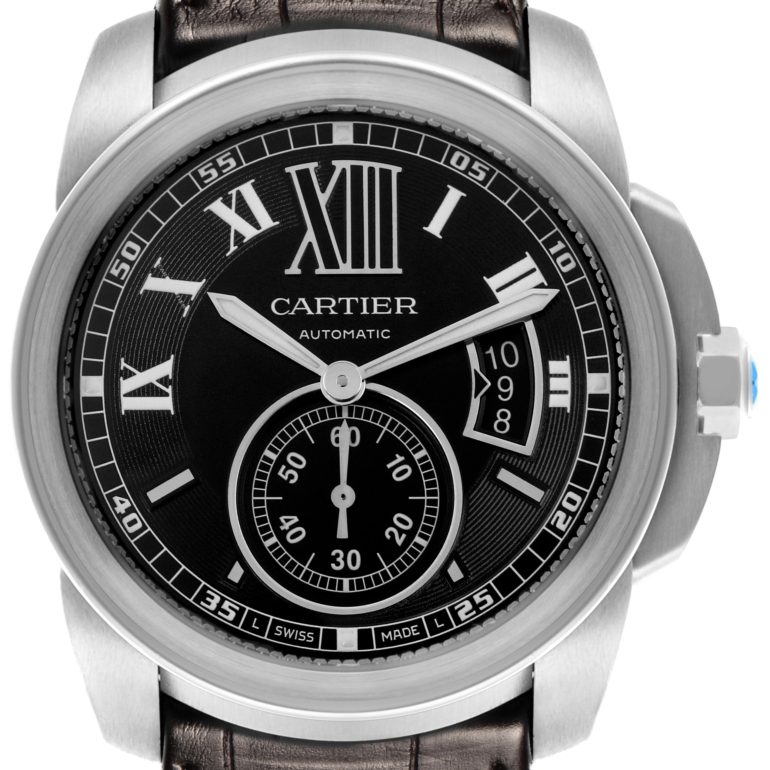 The Calibre de Cartier watch is shown from a front angle, highlighting the dial, bezel, and crown.