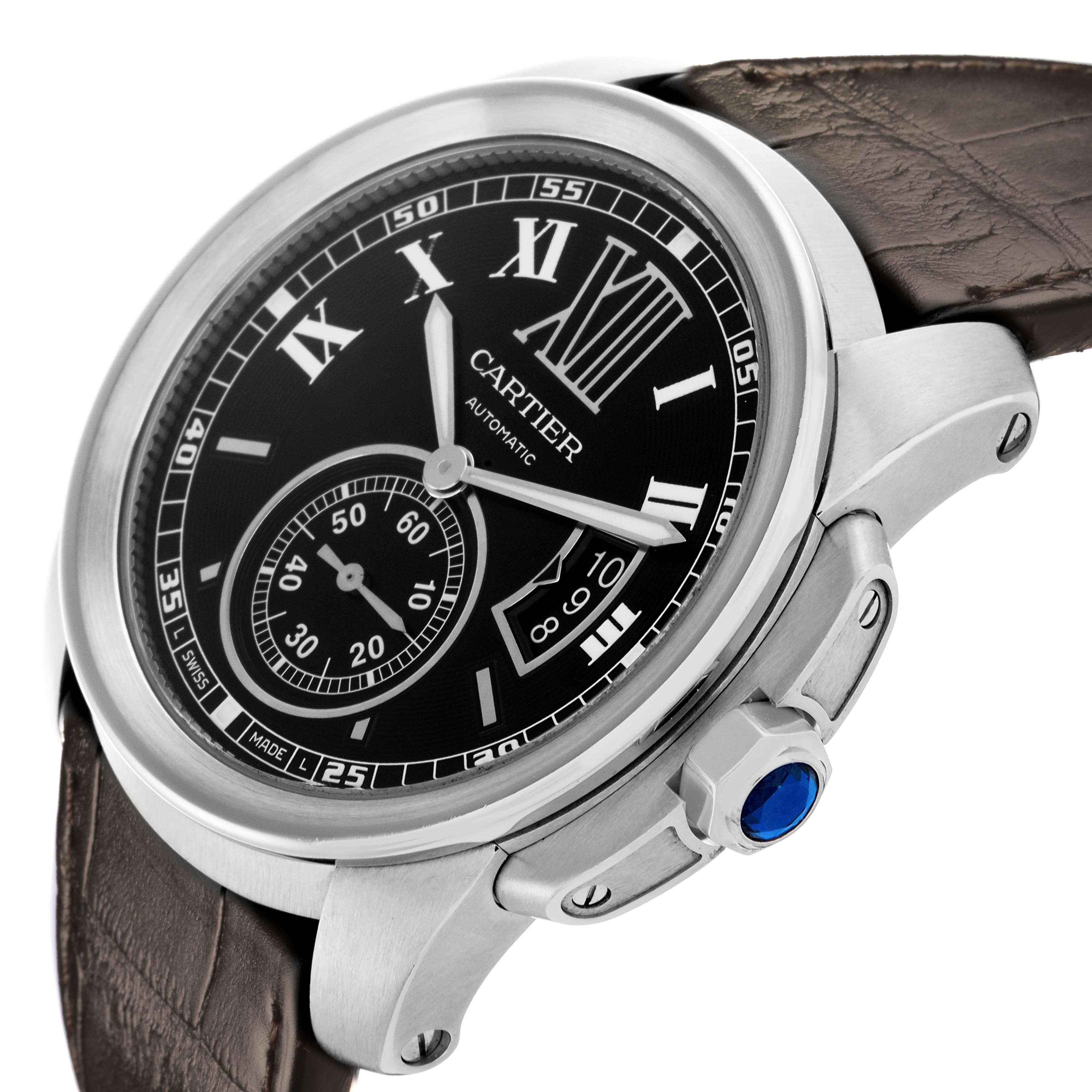 The image shows a side-angle view of the Calibre de Cartier watch, highlighting the dial, case, crown, and leather strap.