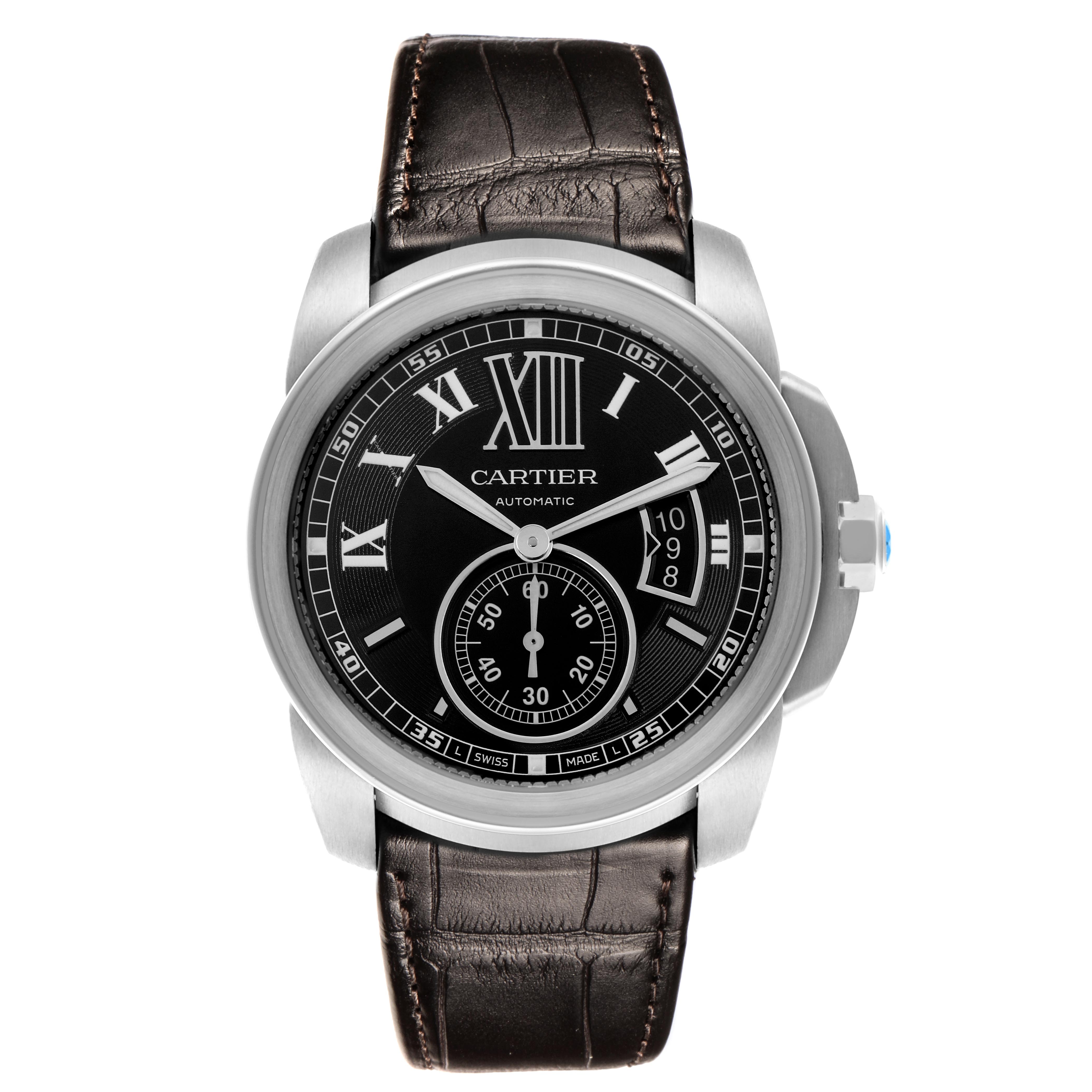 The Calibre de Cartier watch by Cartier is shown from a front angle, displaying the dial, strap, and crown.