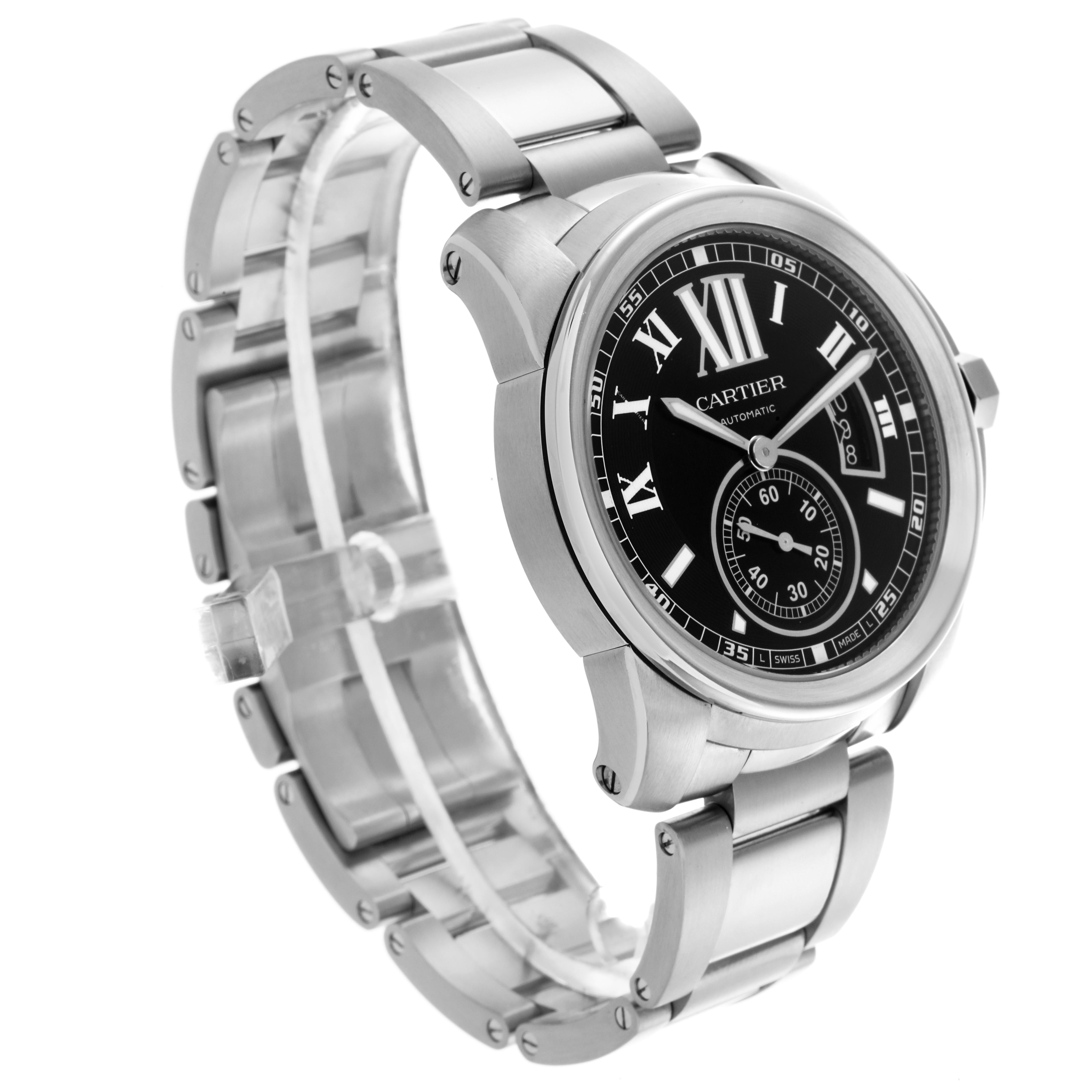The Calibre de Cartier watch is shown at a three-quarter angle, displaying the face, bezel, and bracelet.