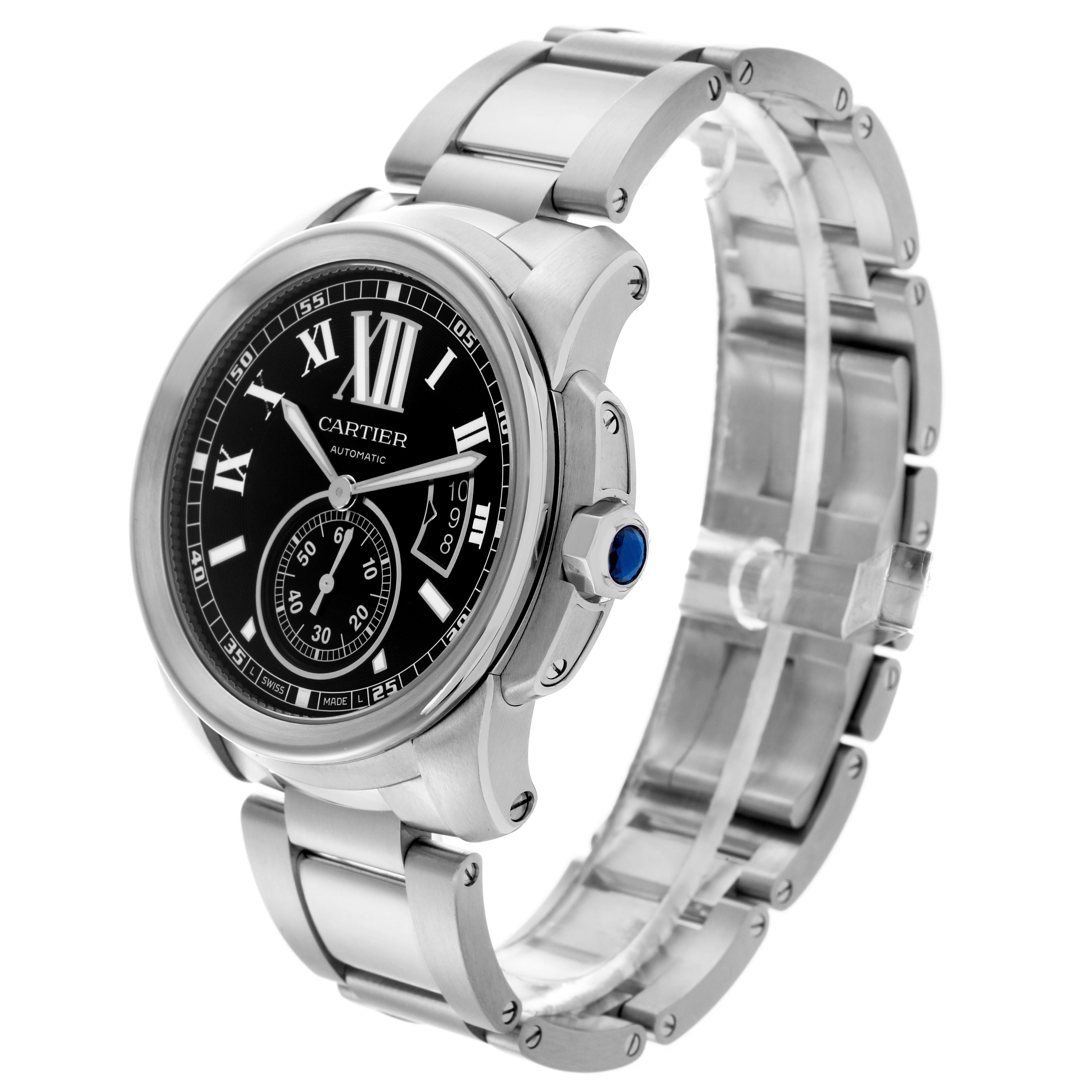 The image shows a side angle of the Calibre de Cartier watch, featuring its dial, crown, and metal bracelet.