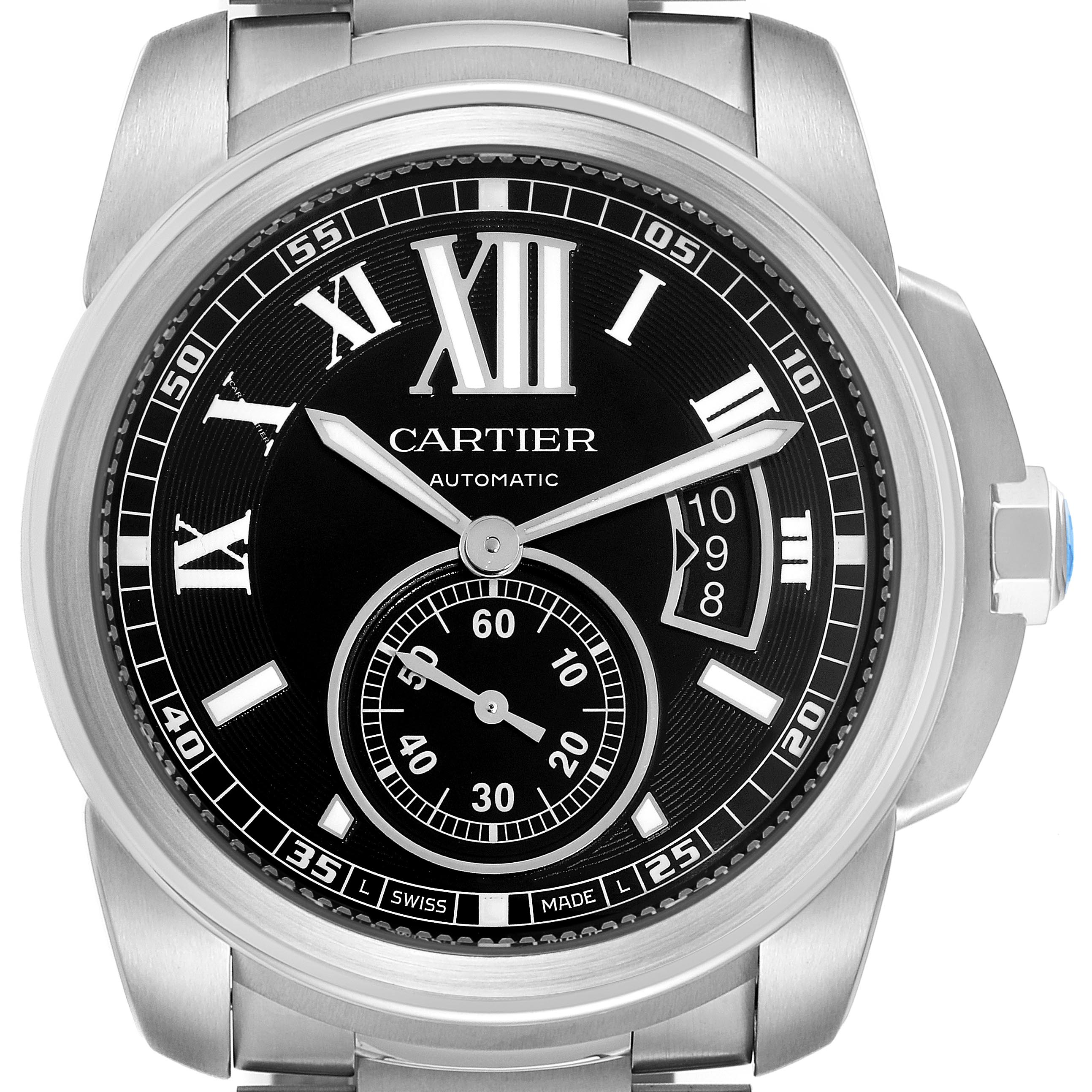 The image shows a front view of the Calibre de Cartier watch, highlighting the dial, hands, and date display.