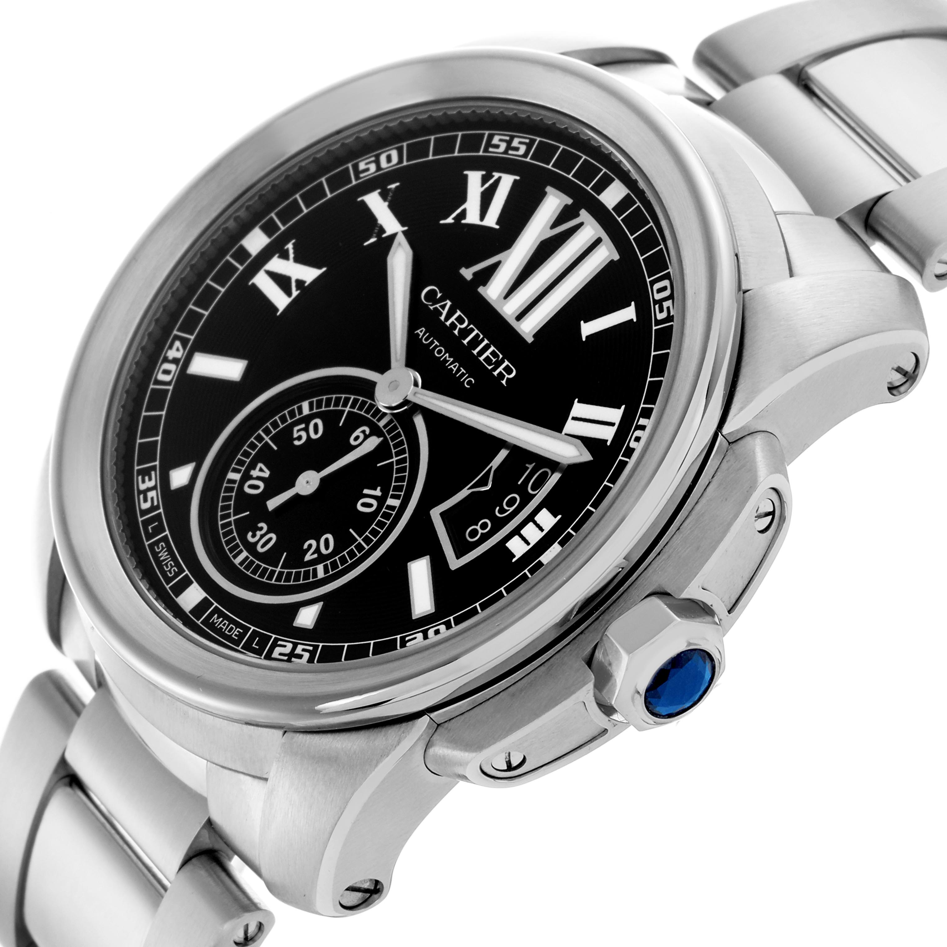 The Calibre de Cartier watch by Cartier is shown at a three-quarter angle, highlighting the dial, case, bracelet, and crown.