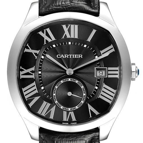The image shows a frontal view of the Drive de Cartier watch by Cartier, highlighting its black dial, Roman numerals, and date window.