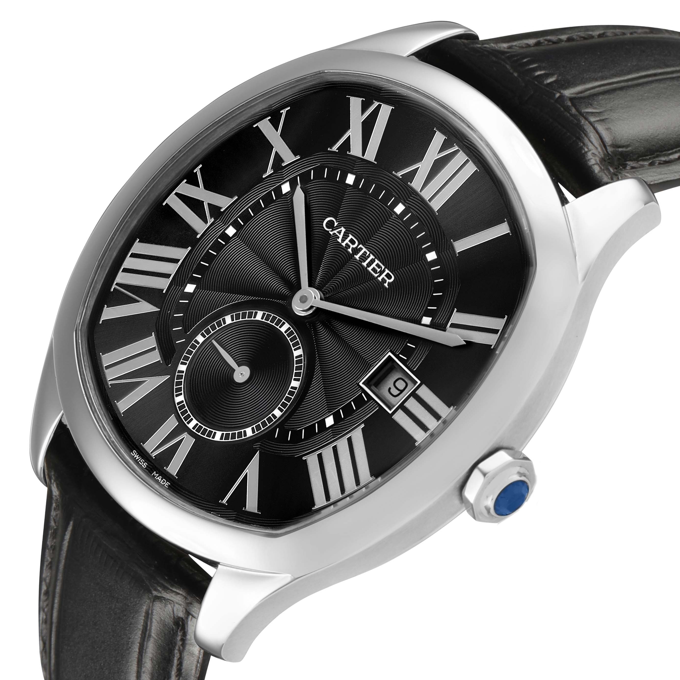 The Drive de Cartier watch is shown at an angled close-up, highlighting the face, Roman numerals, and crown with a blue cabochon.