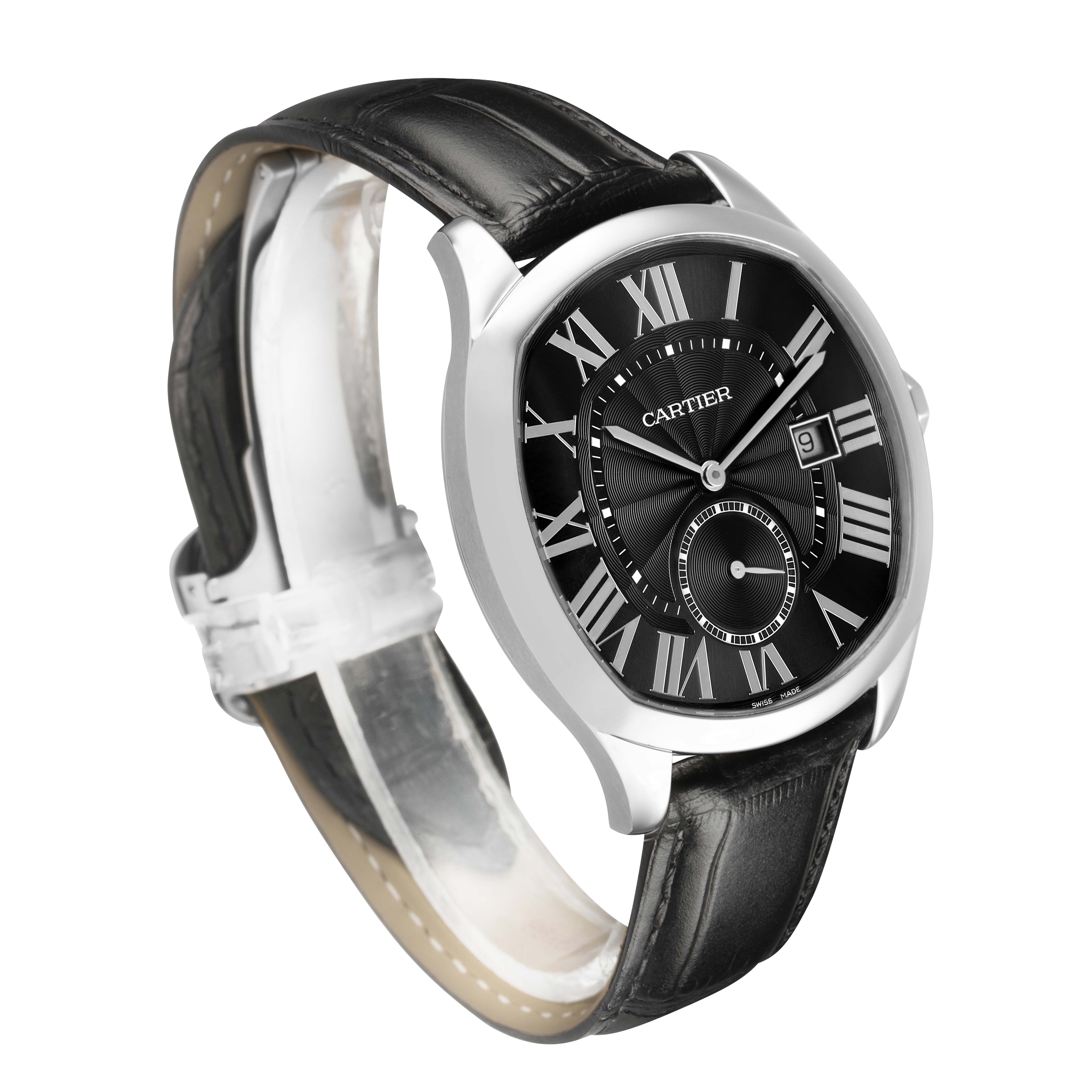 The image shows a Drive de Cartier watch by Cartier at a three-quarter angle, highlighting the dial, strap, and case.