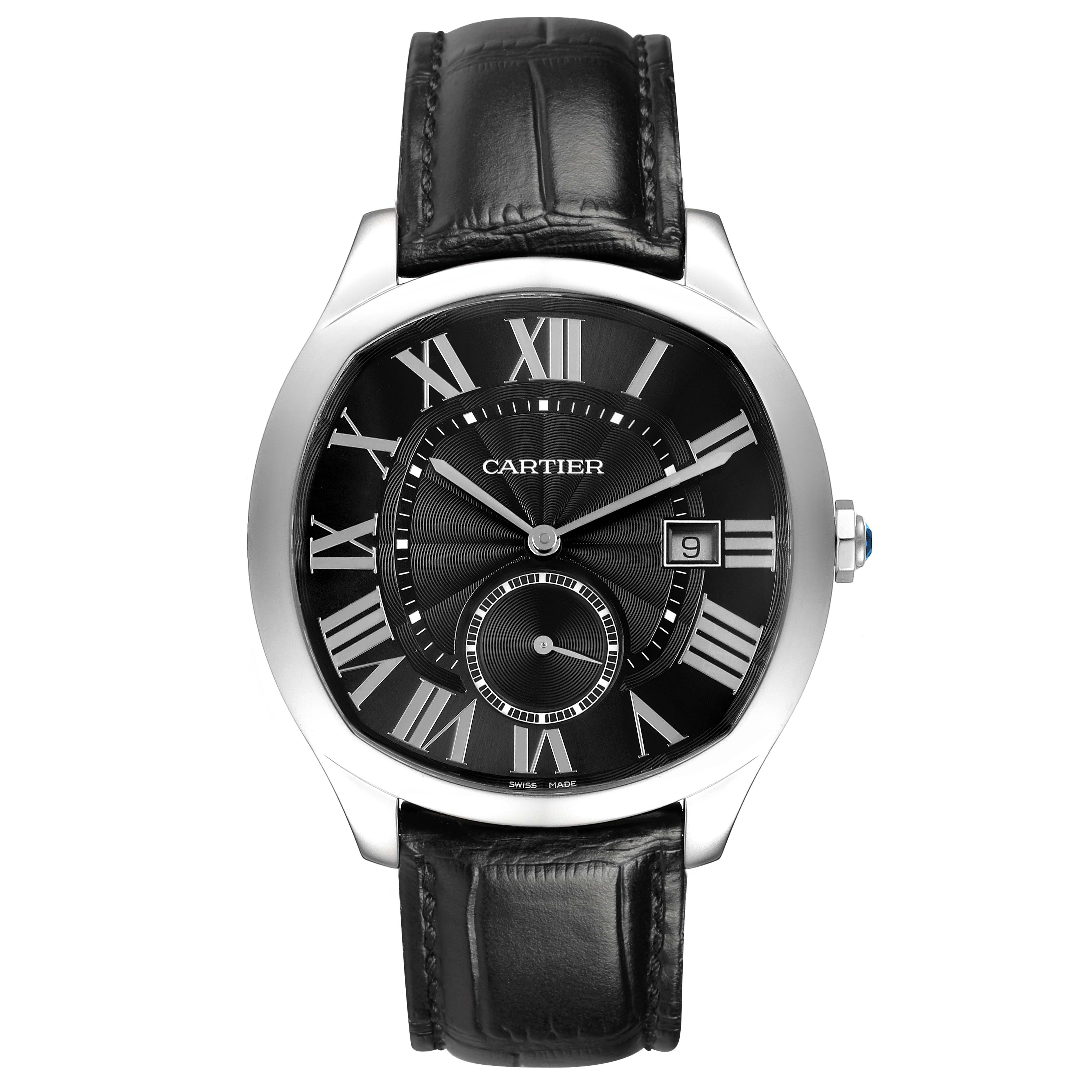 The Drive de Cartier watch is shown from a frontal angle, highlighting its dial, case, and leather strap.