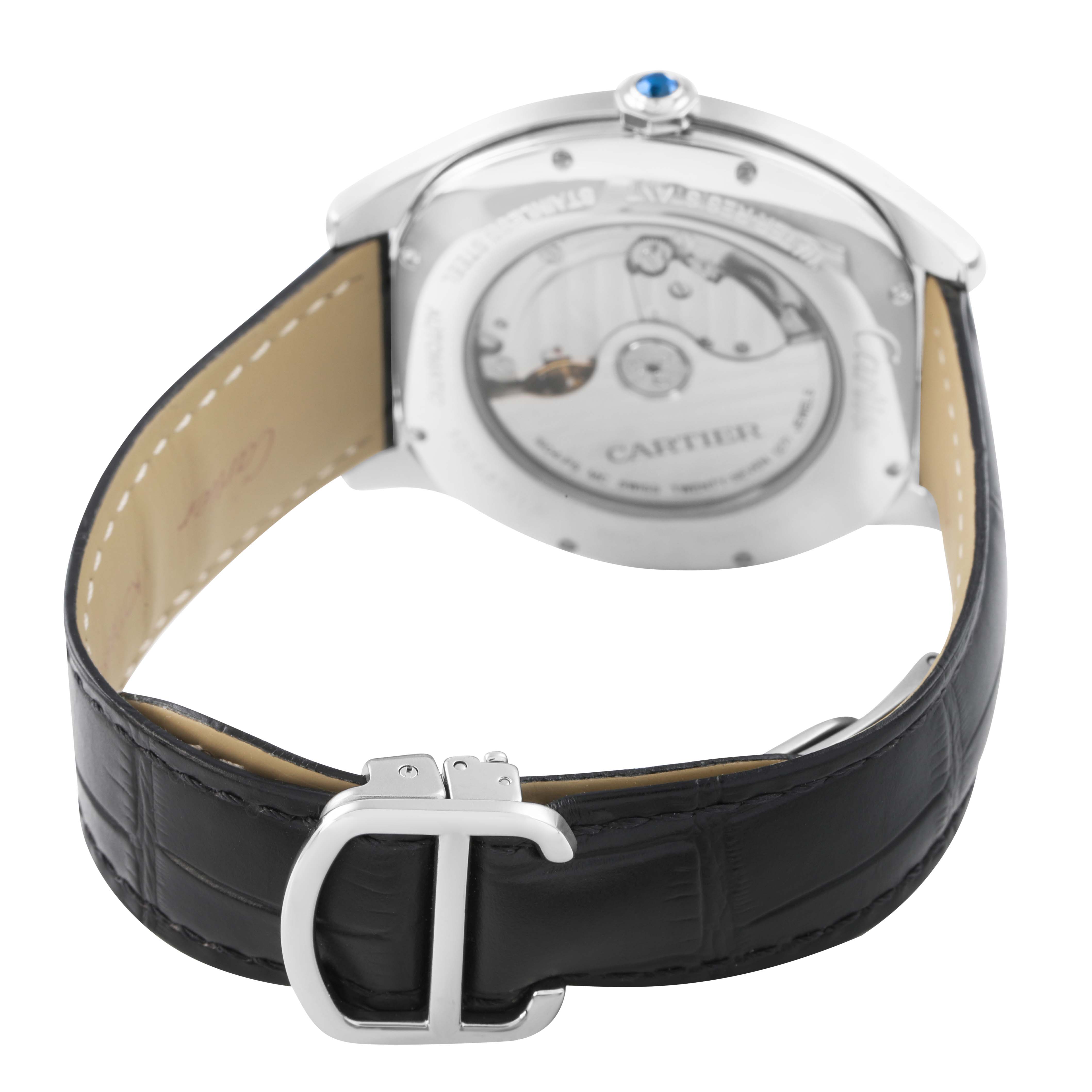 The image shows the back of the Drive de Cartier watch, highlighting the movement and leather strap with buckle.