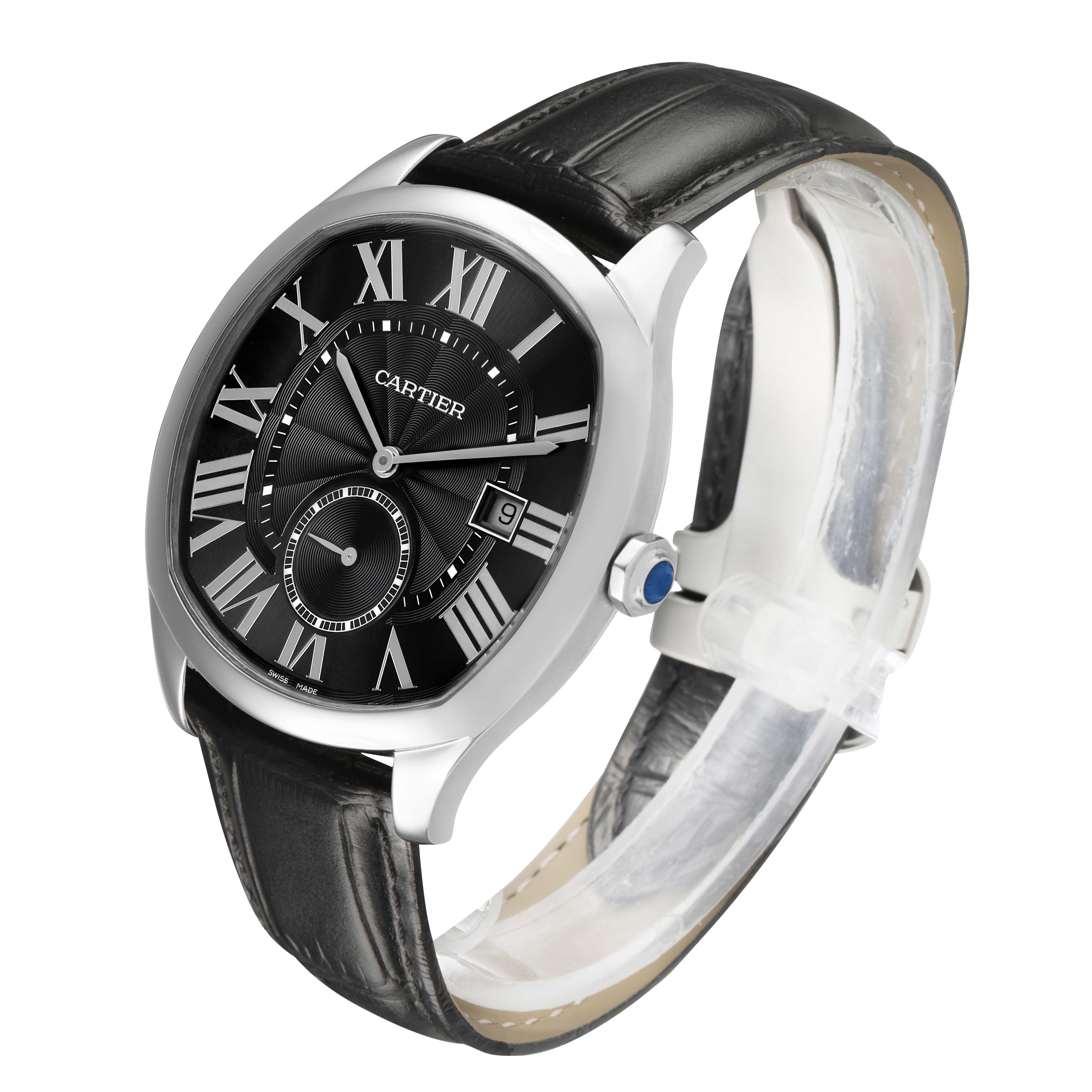 The Drive de Cartier watch is shown from a three-quarter front angle, highlighting its face, roman numerals, and crown.