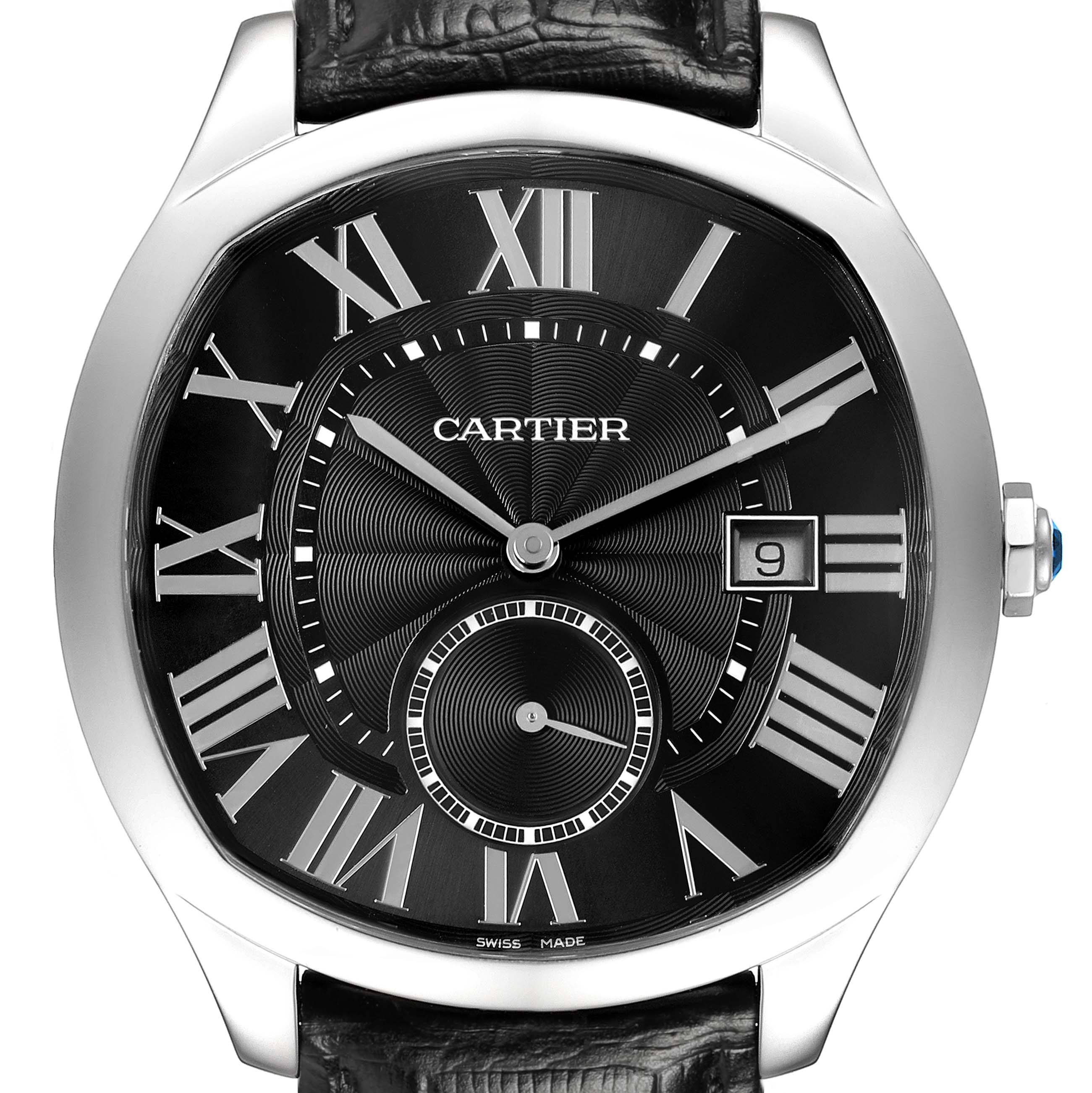 The image shows a face-on view of the Drive de Cartier watch, highlighting its dial, Roman numerals, hands, and date window.