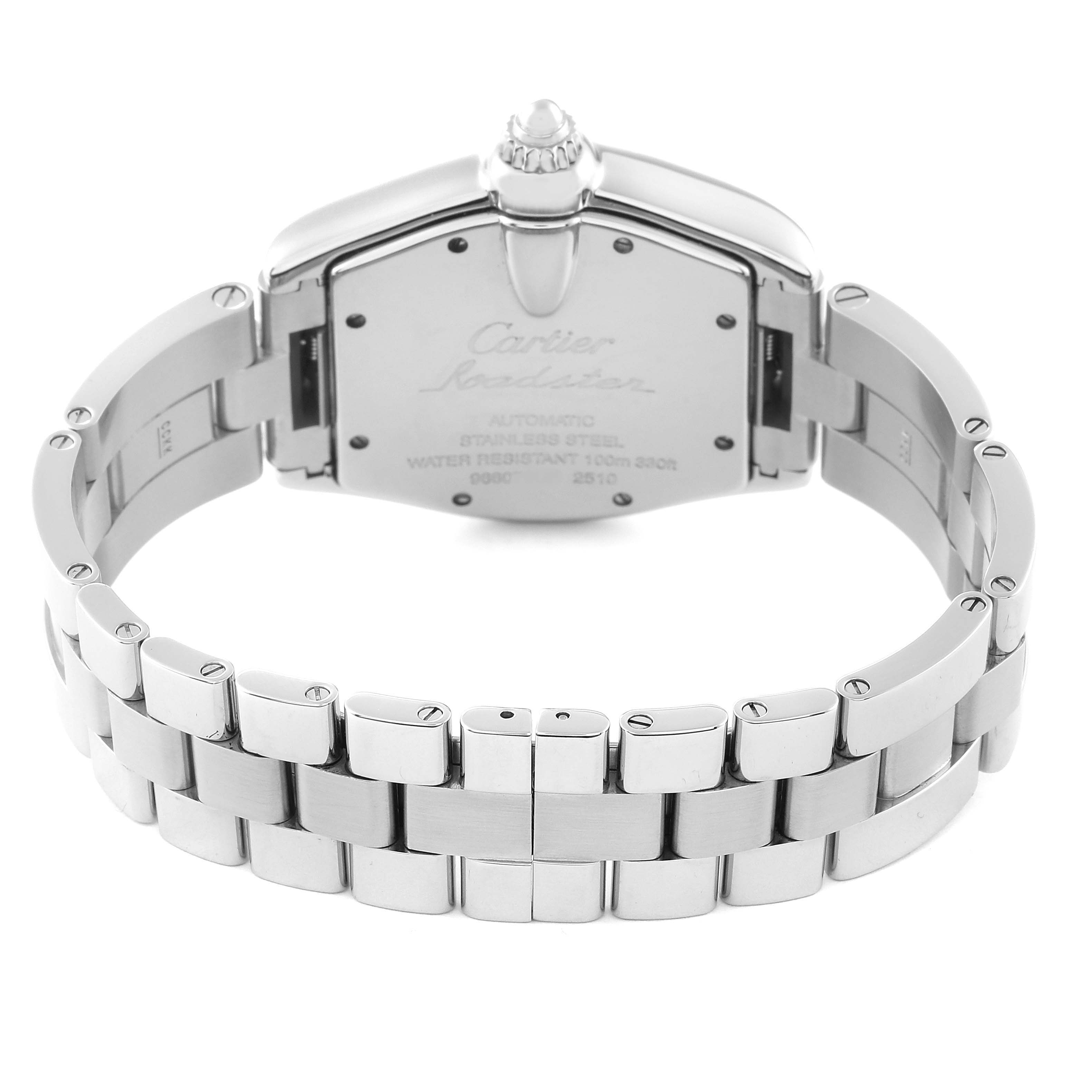 This image shows the back view of a Cartier Roadster W62025V3 Men's Stainless Steel Silver Dial W62025V3 Men's Stainless Steel Silver Dial watch, highlighting the case back and metal bracelet.