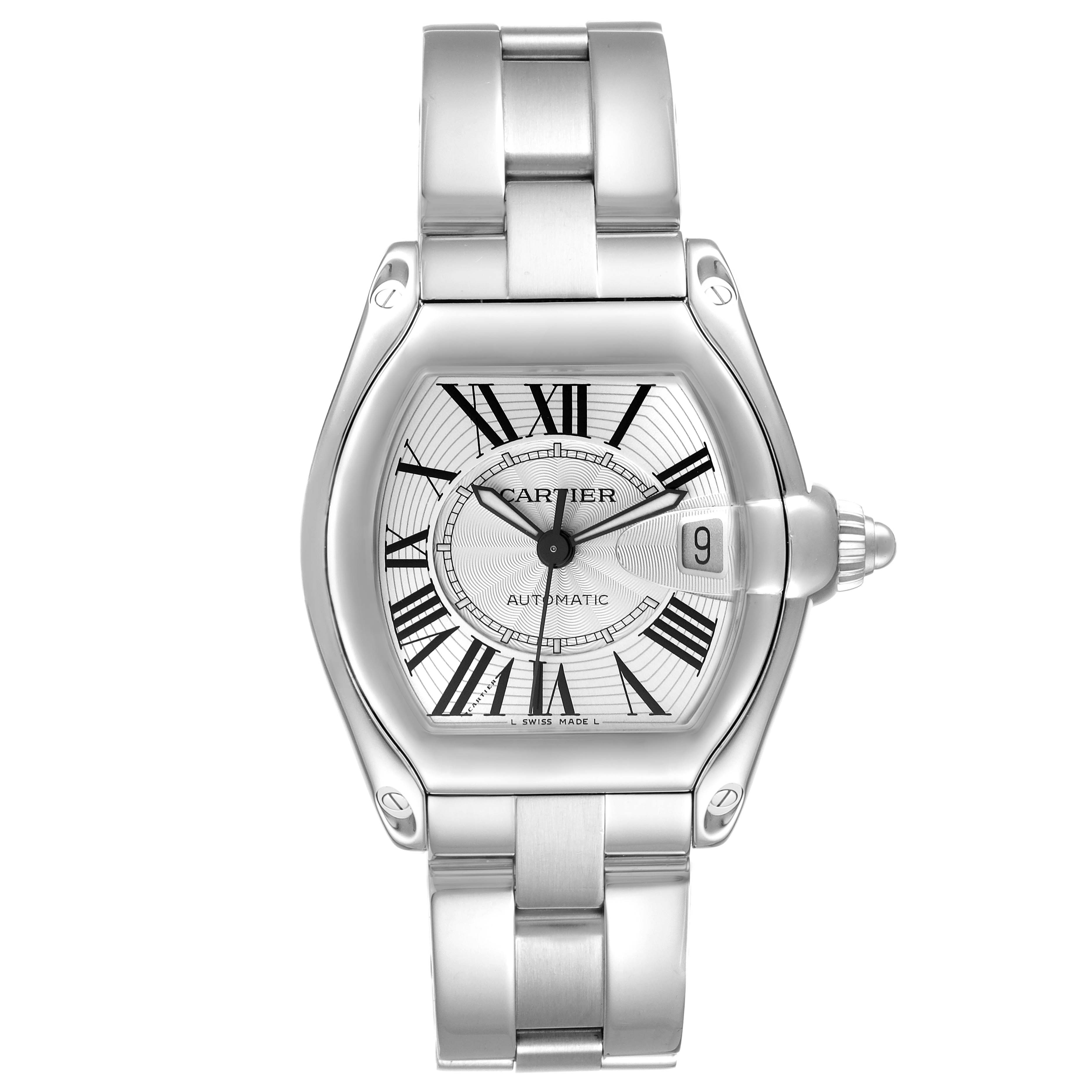 This image is a front view of the Roadster model by Cartier, showing the face, bezel, case, crown, and bracelet.