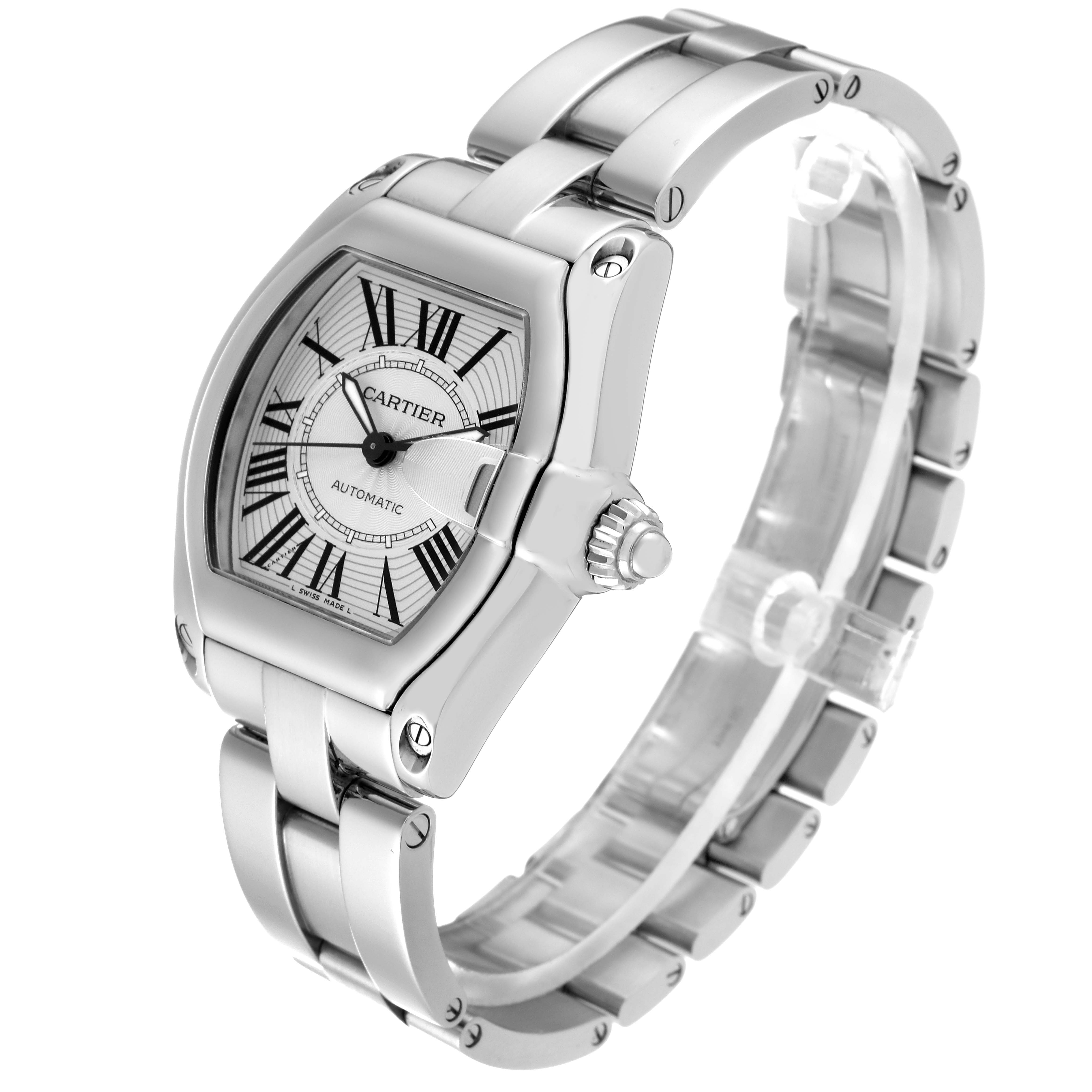 The image shows the Cartier Roadster W62025V3 Men's Stainless Steel Silver Dial W62025V3 Men's Stainless Steel Silver Dial watch at a three-quarter angle, highlighting the face, crown, and bracelet.