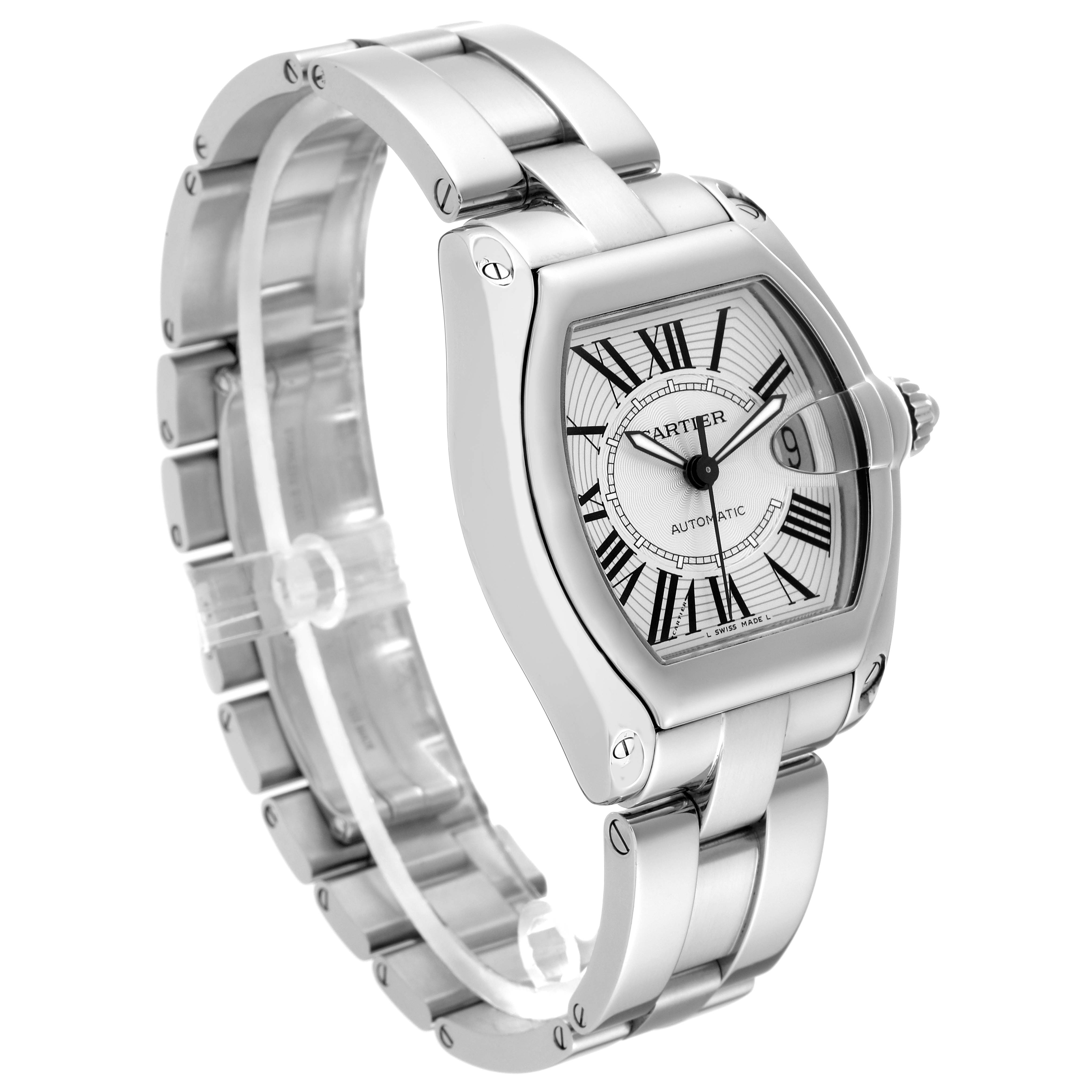 This image shows a Cartier Roadster W62025V3 Men's Stainless Steel Silver Dial W62025V3 Men's Stainless Steel Silver Dial watch from an angled side view, highlighting the face, bracelet, and crown.
