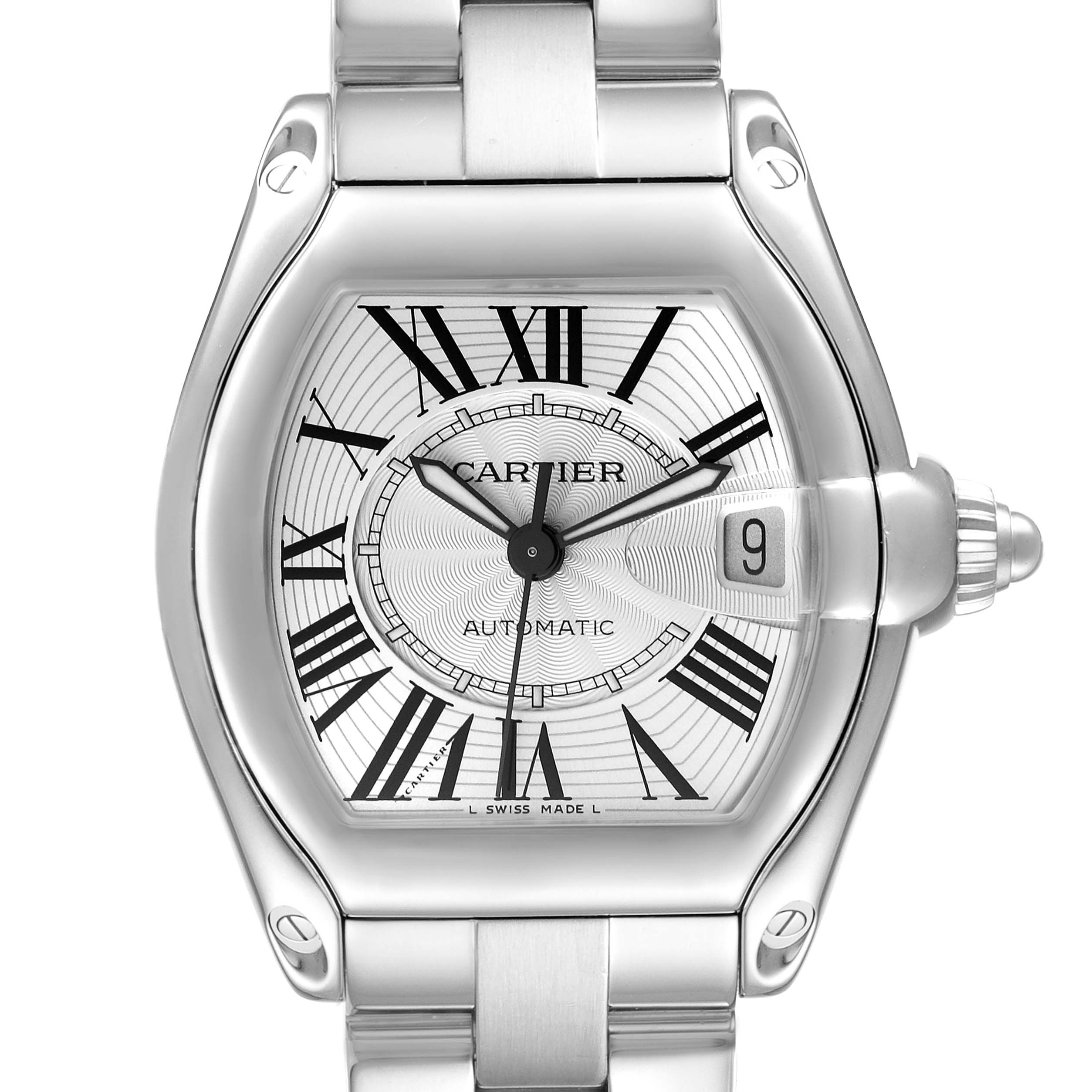 The image shows a front view of the Cartier Roadster W62025V3 Men's Stainless Steel Silver Dial W62025V3 Men's Stainless Steel Silver Dial watch, highlighting the dial, crown, and part of the bracelet.