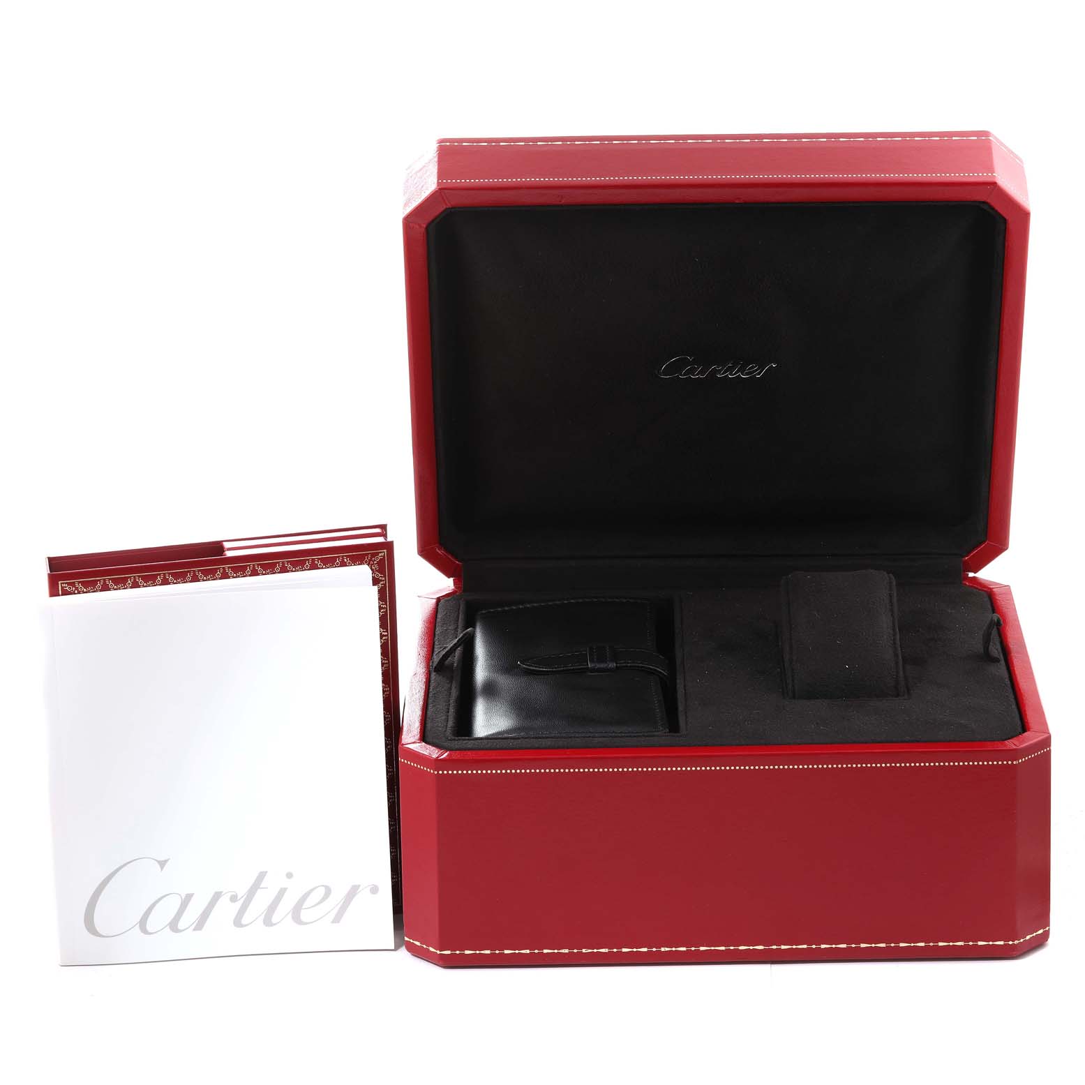 The image shows the box and accessories for a Cartier Roadster W62025V3 Men's Stainless Steel Silver Dial W62025V3 Men's Stainless Steel Silver Dial watch, including a case and paperwork.