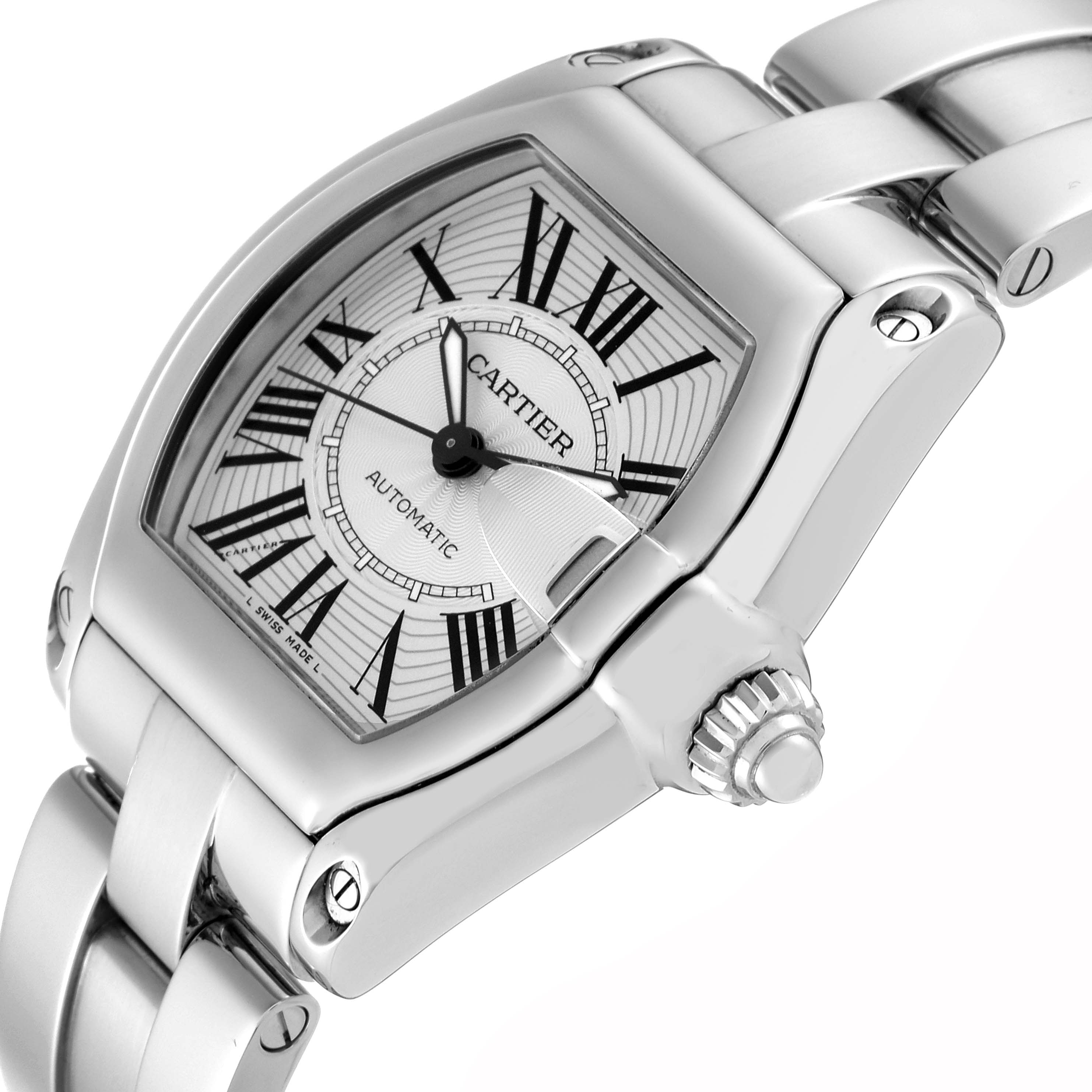 The image shows a close-up, angled view of the Cartier Roadster W62025V3 Men's Stainless Steel Silver Dial W62025V3 Men's Stainless Steel Silver Dial watch, highlighting the dial, crown, and a portion of the bracelet.