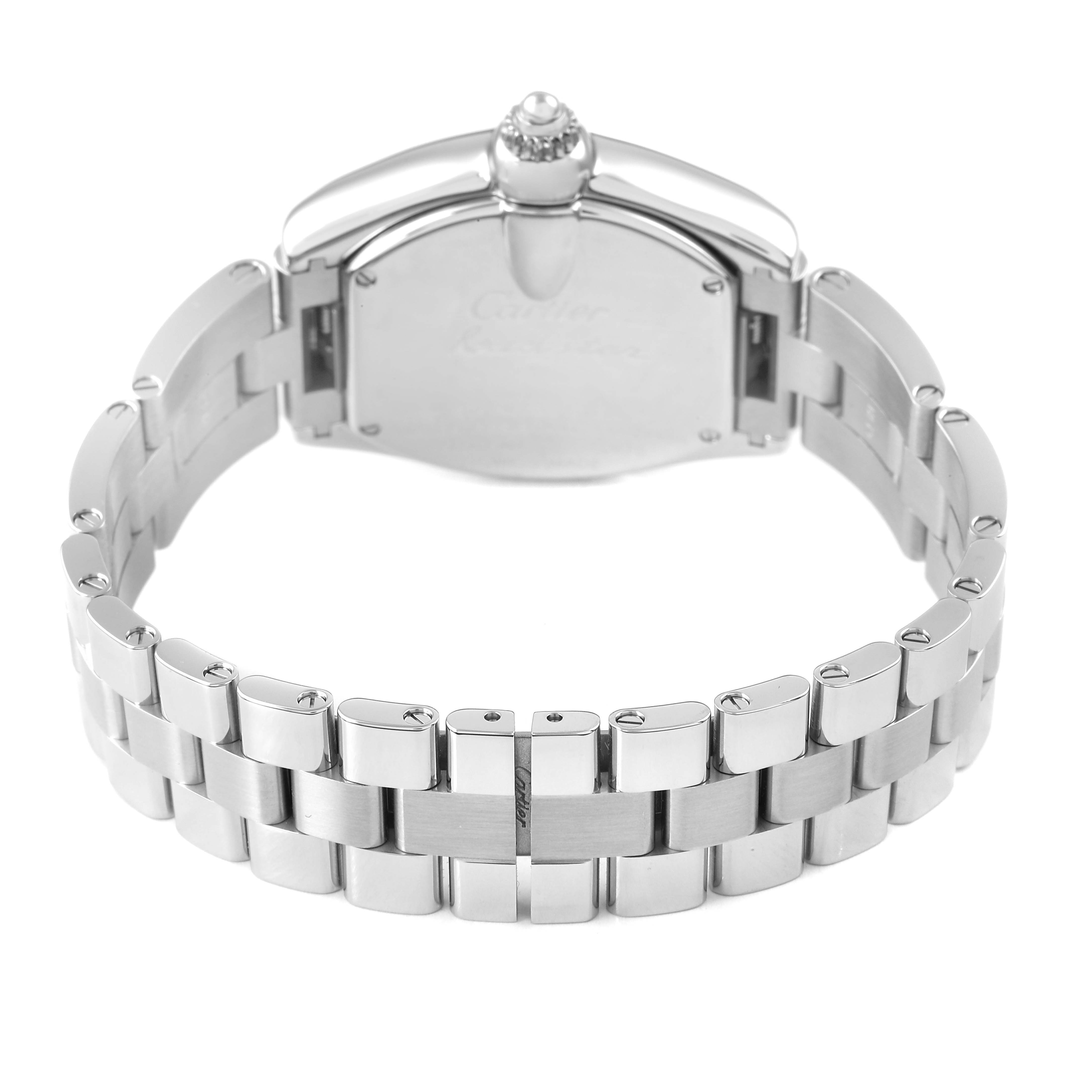 The Cartier Roadster W62017V3 Women's Stainless Steel Pink Dial watch is shown from the back, highlighting its metal bracelet and clasp.