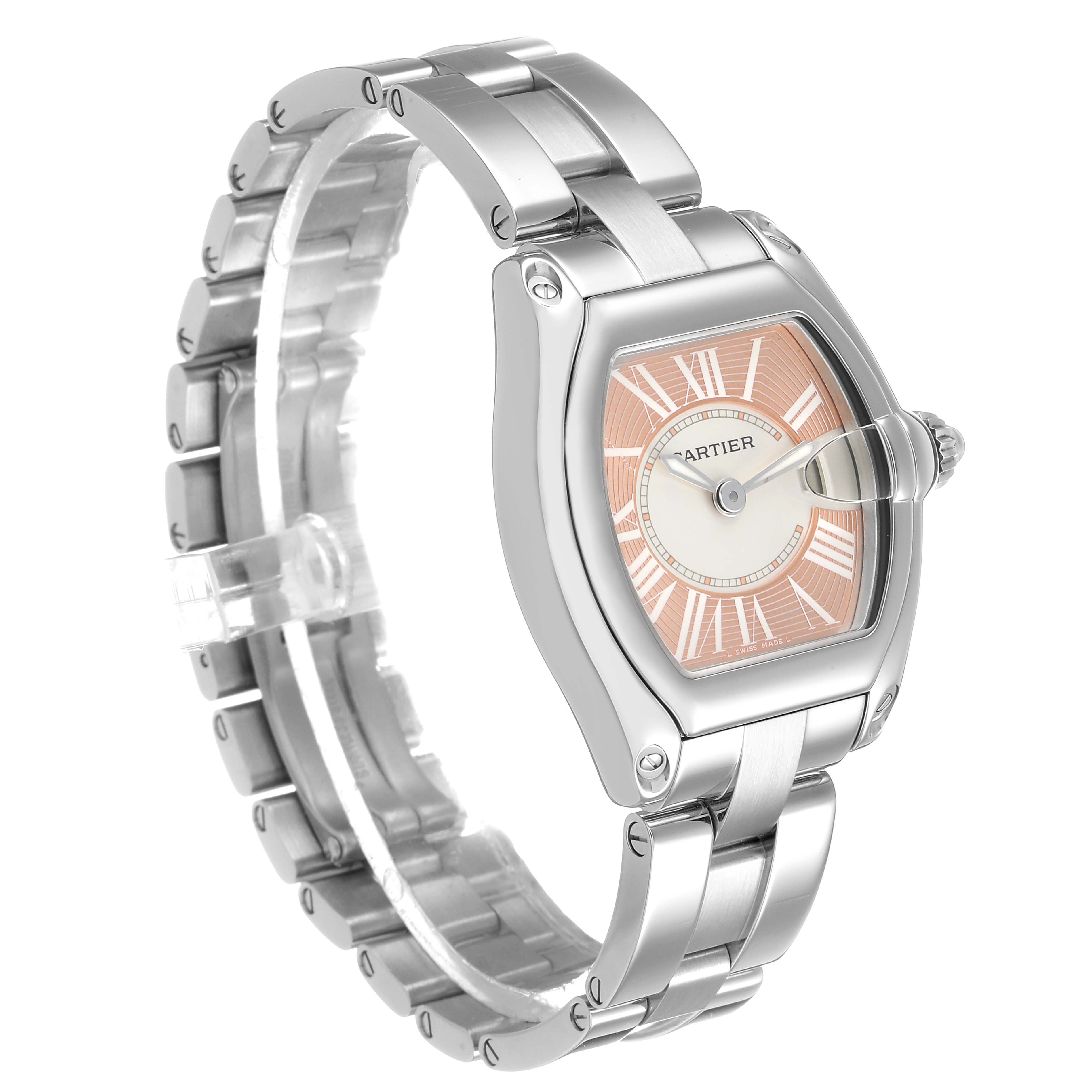 The Cartier Roadster W62017V3 Women's Stainless Steel Pink Dial watch is shown in a side angle, displaying its case, bracelet, and dial clearly.