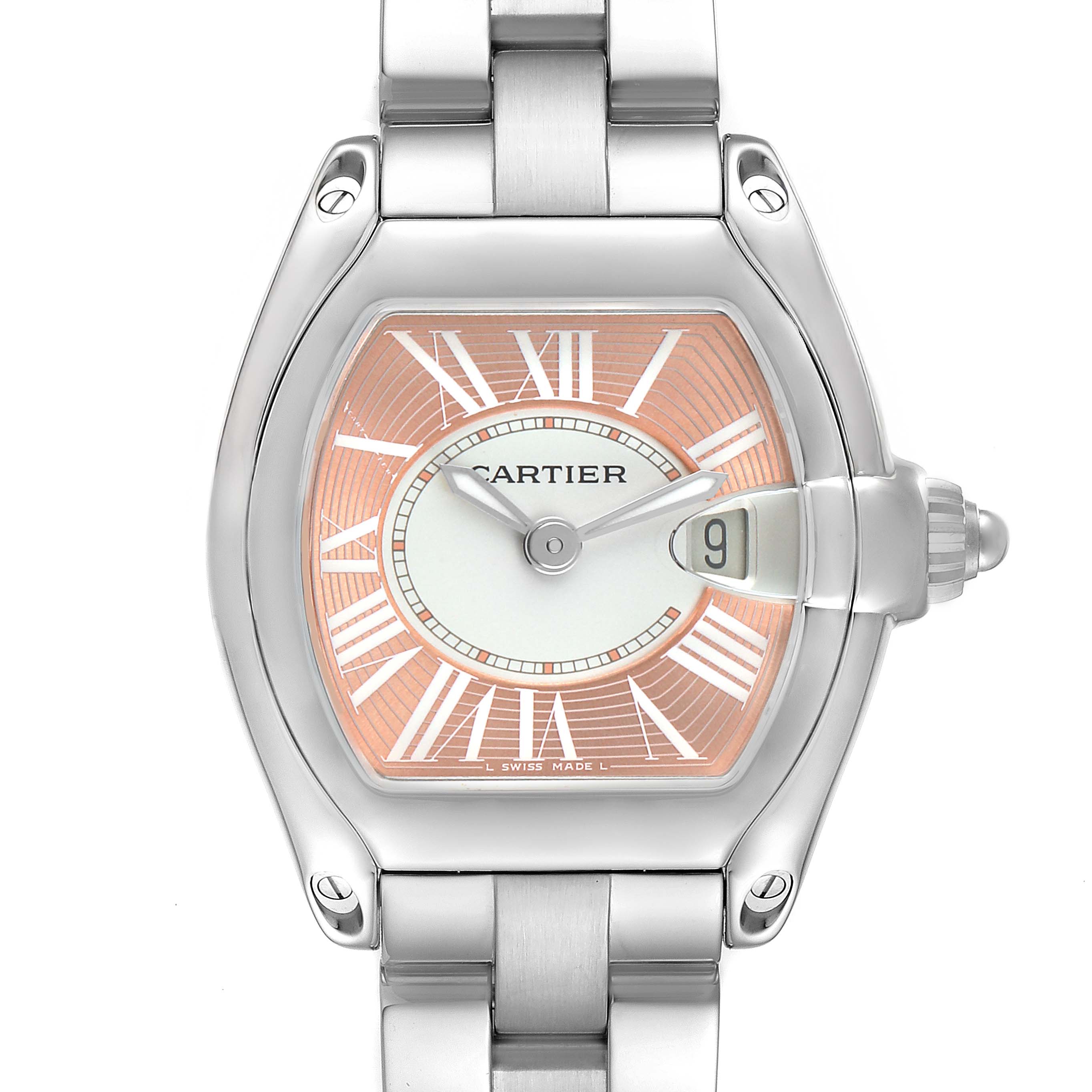 The Cartier Roadster W62017V3 Women's Stainless Steel Pink Dial watch is shown from a front angle, highlighting its dial, case, bezel, and part of the bracelet.
