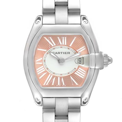 The Cartier Roadster W62017V3 Women's Stainless Steel Pink Dial watch is shown from a front angle, highlighting the dial, case, and bracelet.