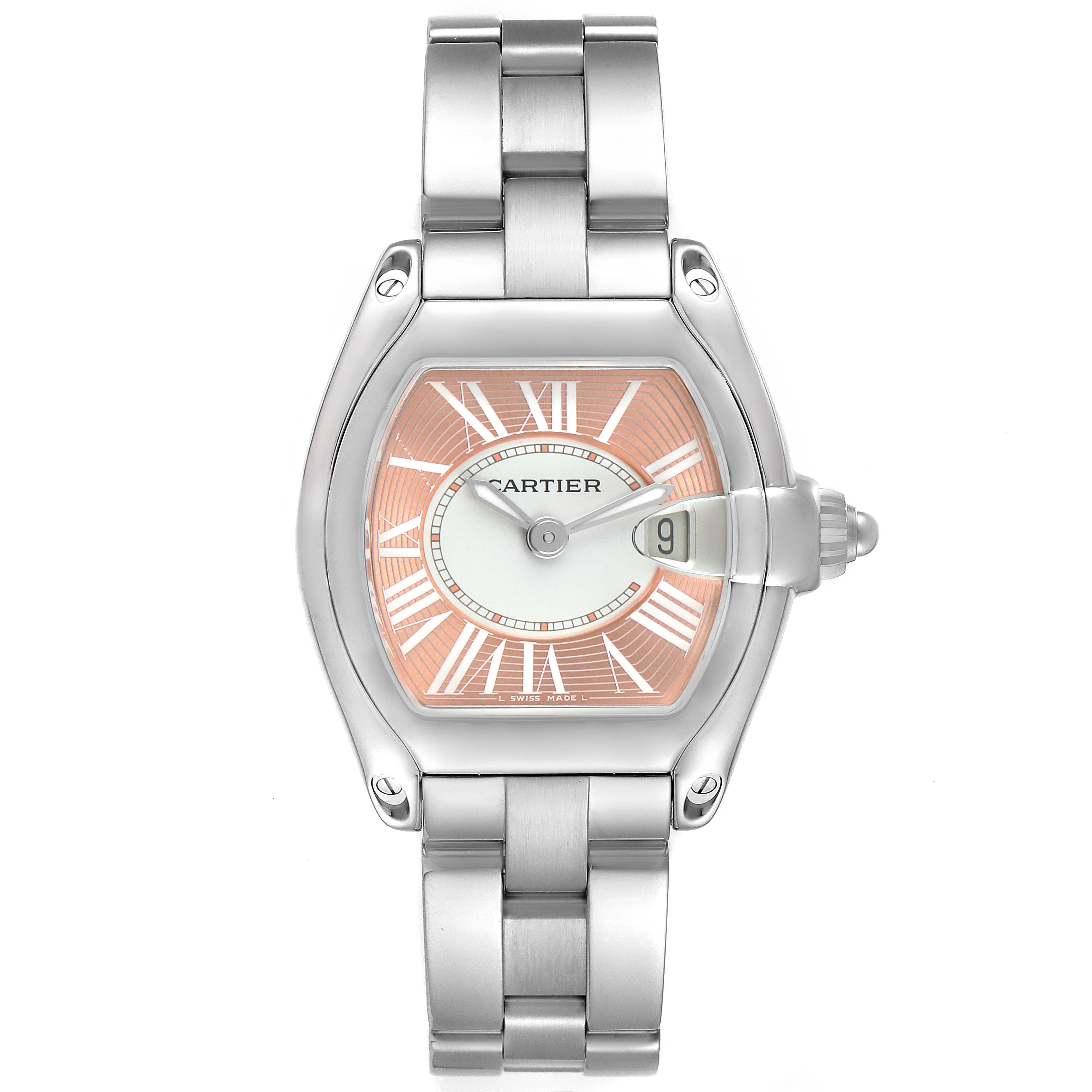 The Cartier Roadster W62017V3 Women's Stainless Steel Pink Dial watch is shown from the front, displaying its face, bezel, and bracelet.
