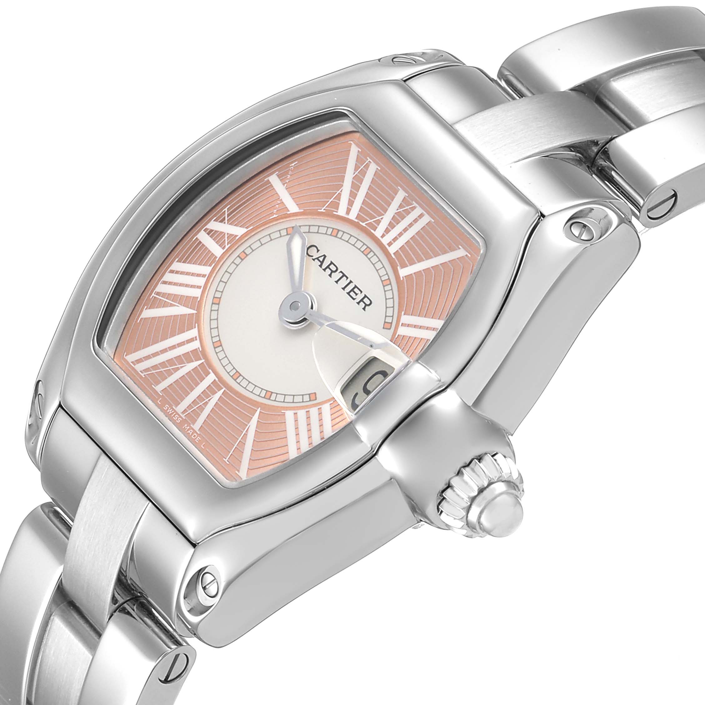 The Cartier Roadster W62017V3 Women's Stainless Steel Pink Dial watch is shown from a three-quarter angle, highlighting its case, bracelet, crown, and date feature.