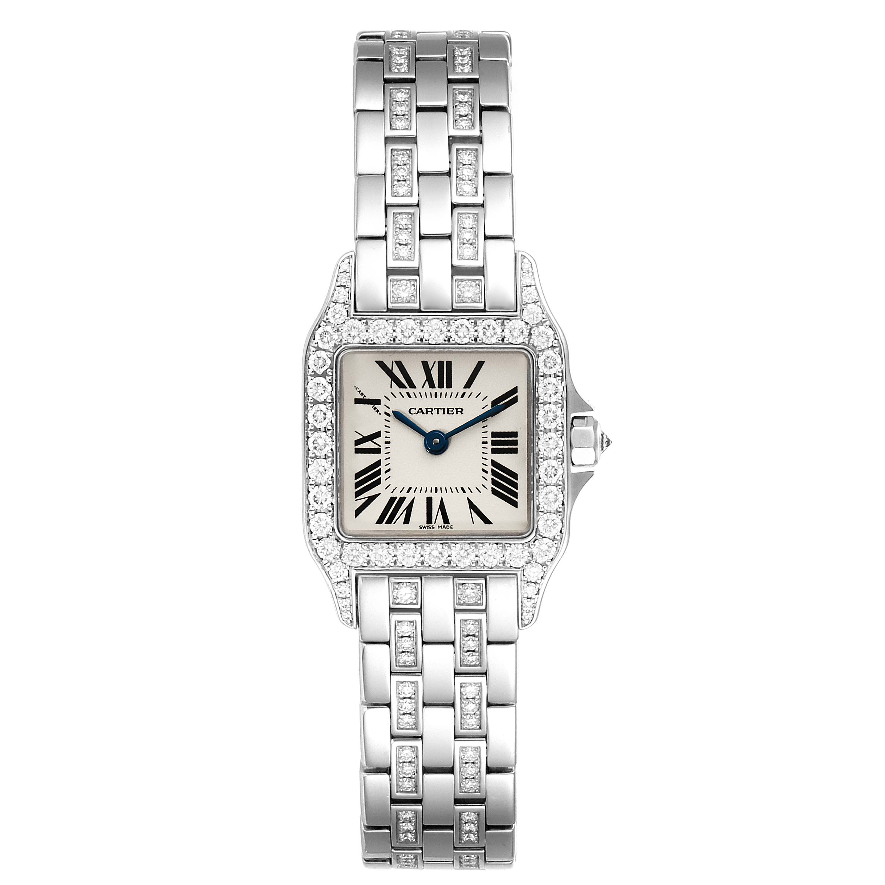 The image shows a front view of the Cartier Santos Demoiselle WF9003YC Women's White Gold Silver Dial WF9003YC Women's White Gold Silver Dial watch displaying its dial, bezel, and bracelet.