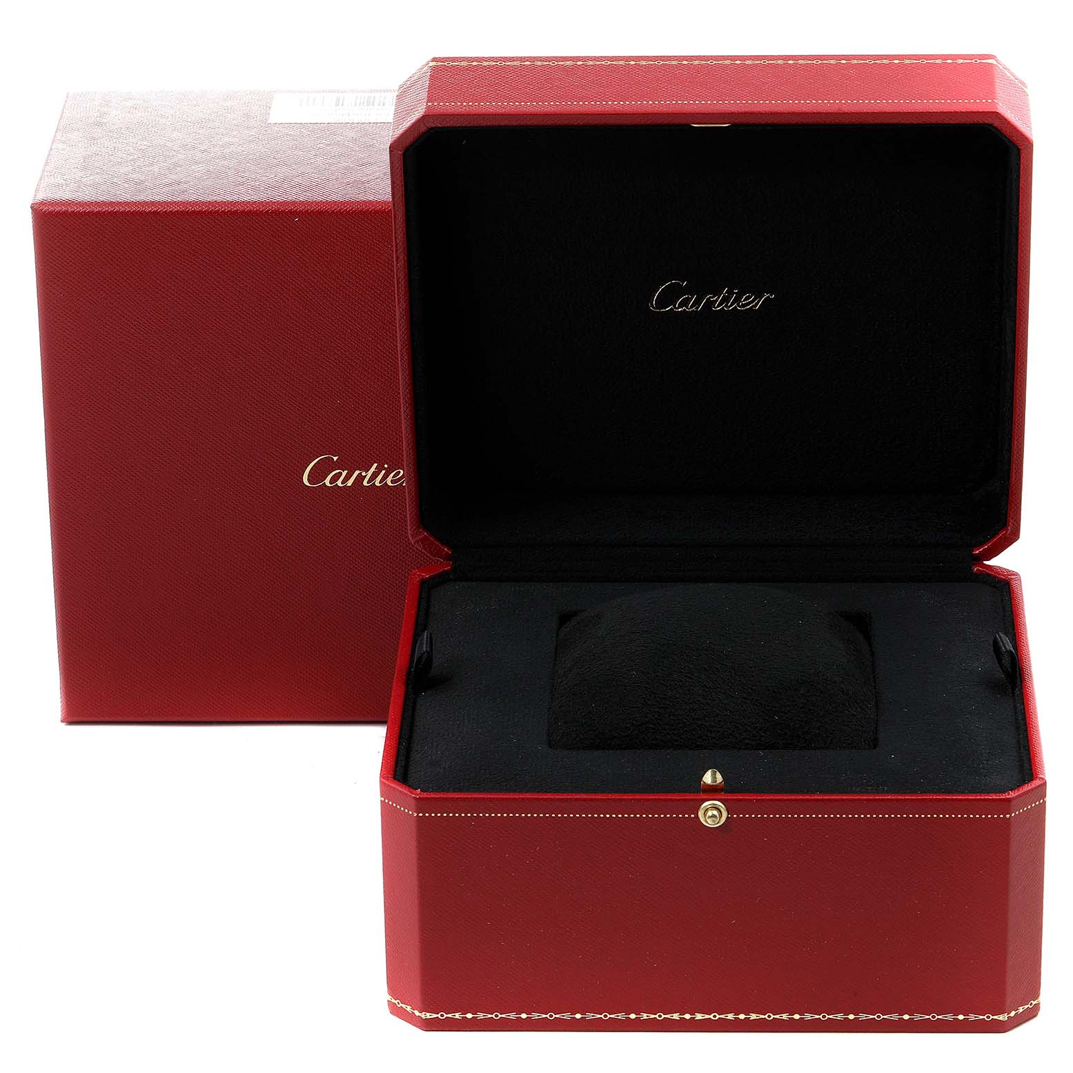 The image shows an open red Cartier-branded box for the Santos Demoiselle model, with the inner watch cushion visible.