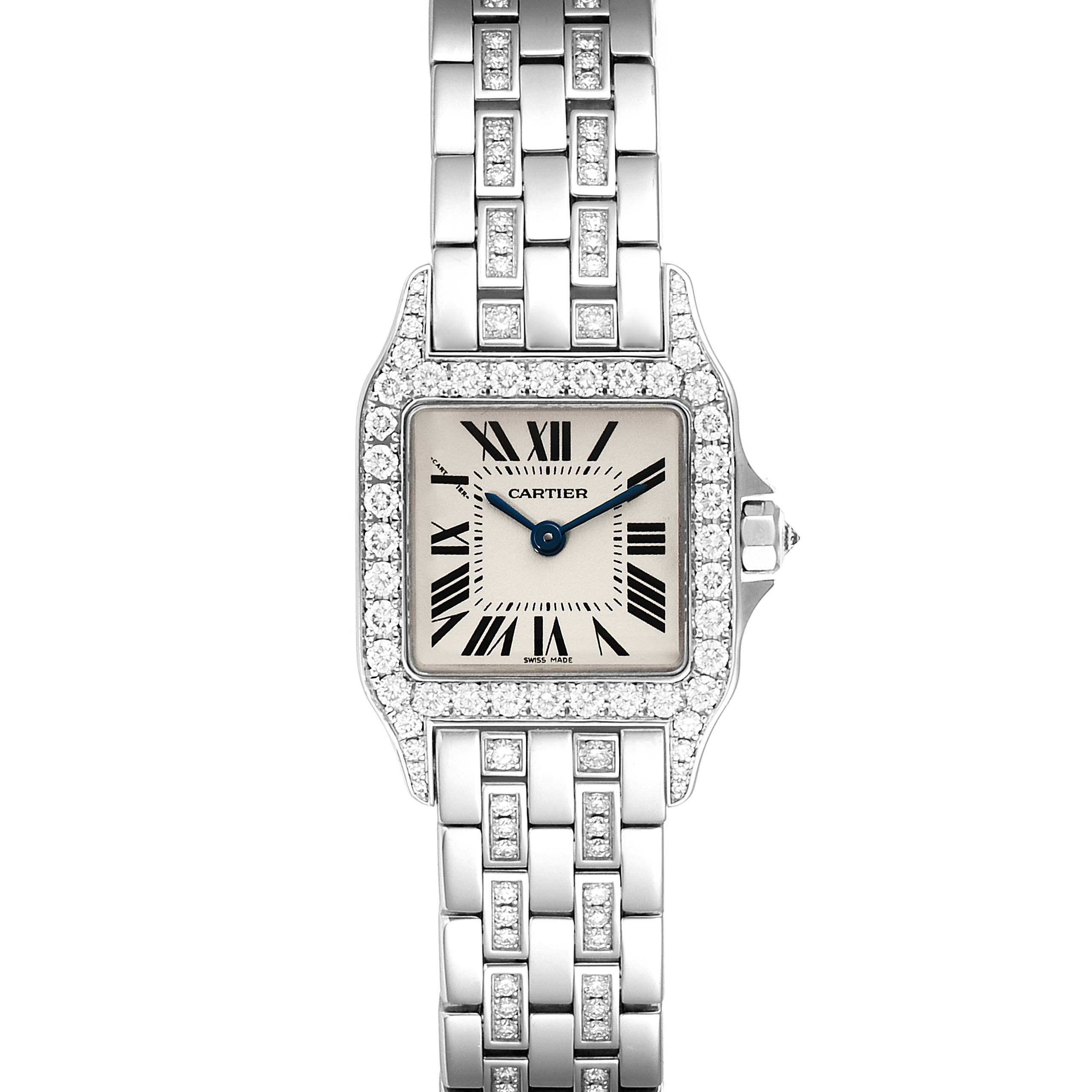 This image shows a Cartier Santos Demoiselle WF9003YC Women's White Gold Silver Dial WF9003YC Women's White Gold Silver Dial watch from a front view, highlighting its face, bezel, and bracelet.