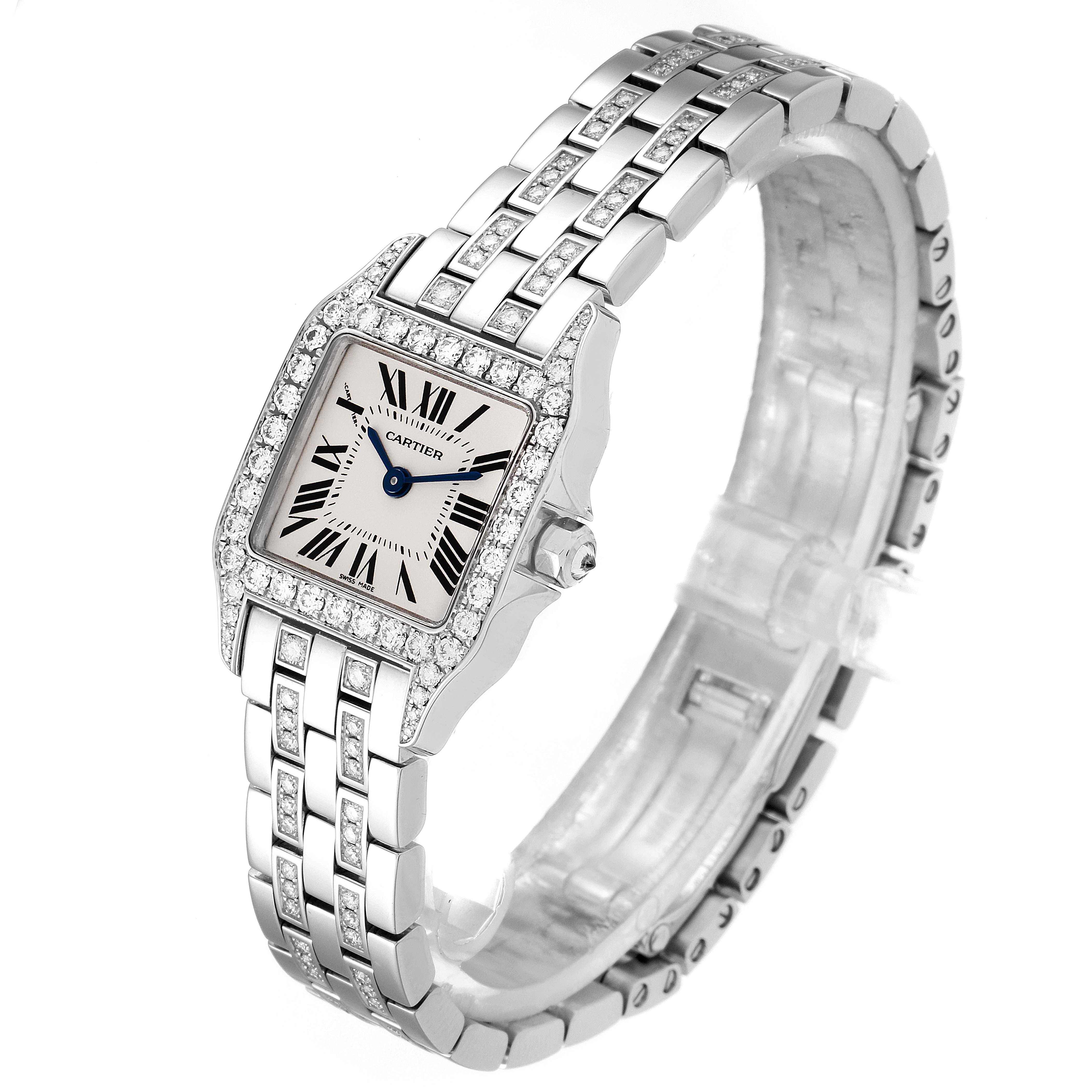 The image shows a Cartier Santos Demoiselle WF9003YC Women's White Gold Silver Dial WF9003YC Women's White Gold Silver Dial watch at an angle highlighting the face, bezel, and bracelet.