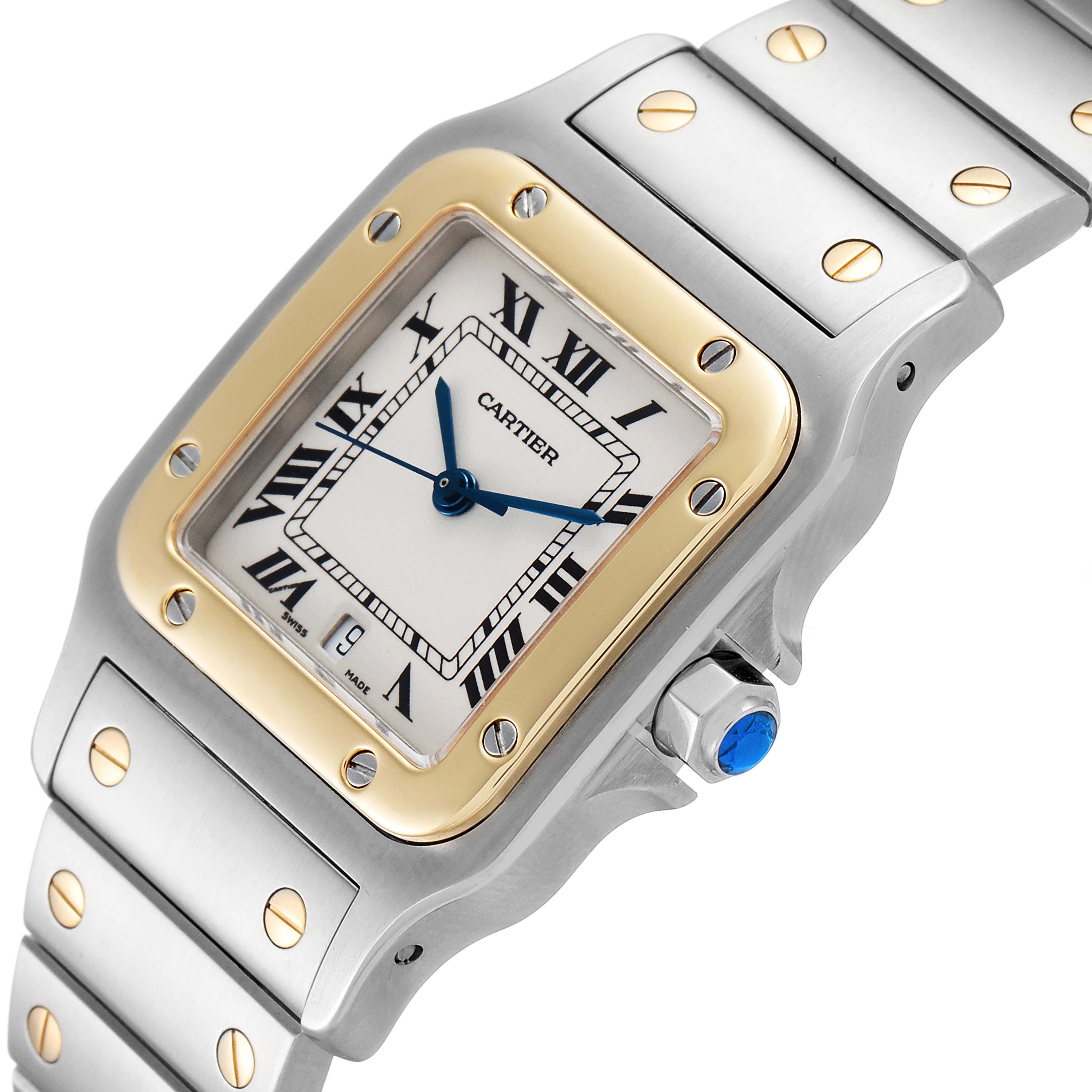 This image shows a Cartier Santos W20011C4 Men's Steel and Gold (two tone) Silver Dial W20011C4 Men's Steel and Gold (two tone) Silver Dial watch from a front angle, highlighting the watch face and part of the bracelet.
