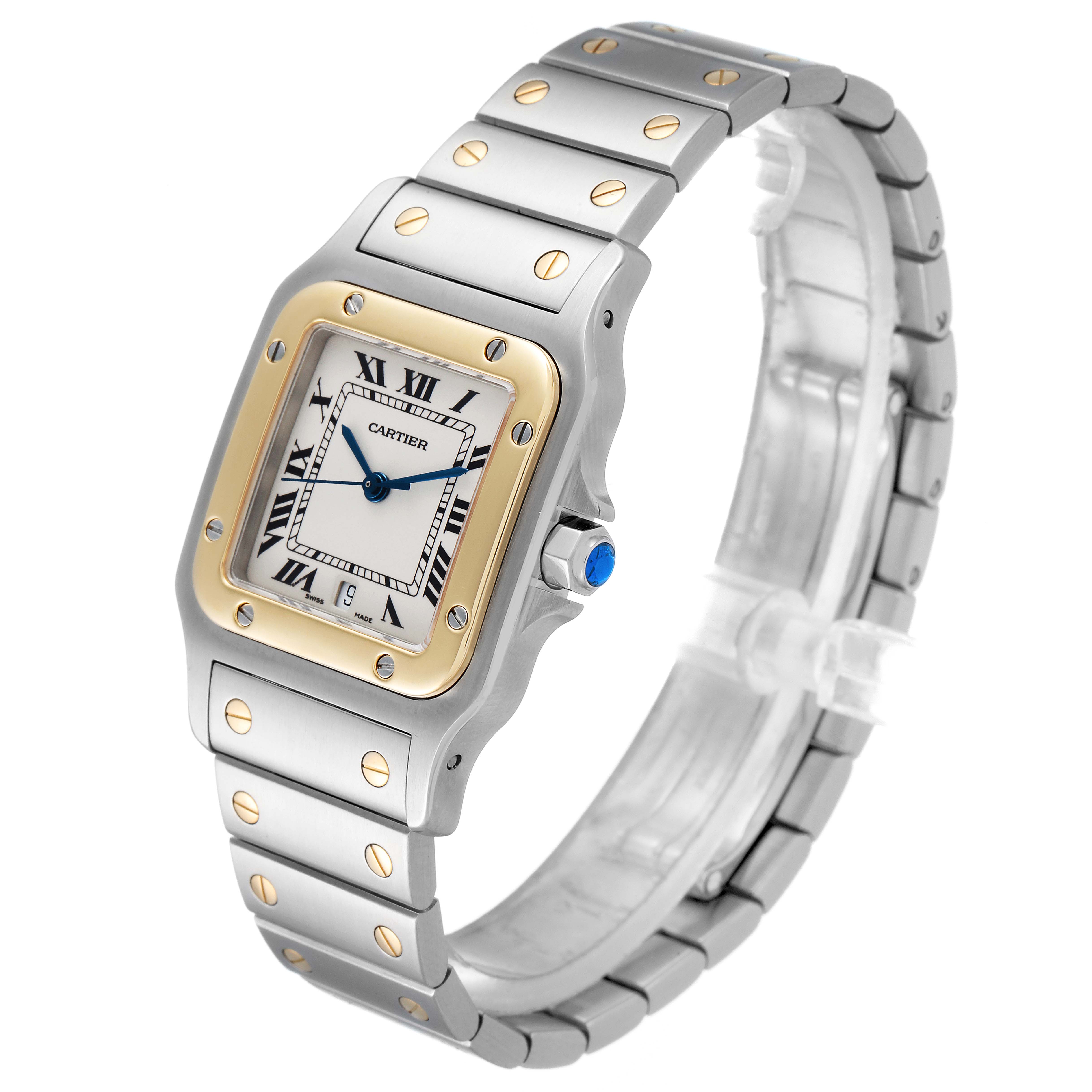 The image shows a Cartier Santos W20011C4 Men's Steel and Gold (two tone) Silver Dial W20011C4 Men's Steel and Gold (two tone) Silver Dial watch from a front angle, highlighting its square face, metal bracelet, and gold bezel with screws.