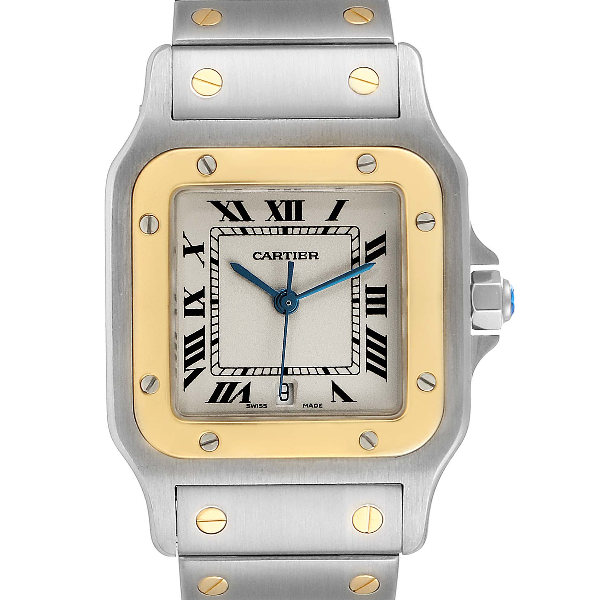 The image shows a frontal view of a Cartier Santos W20011C4 Men's Steel and Gold (two tone) Silver Dial W20011C4 Men's Steel and Gold (two tone) Silver Dial watch featuring a square face with Roman numerals and a two-tone metal band.