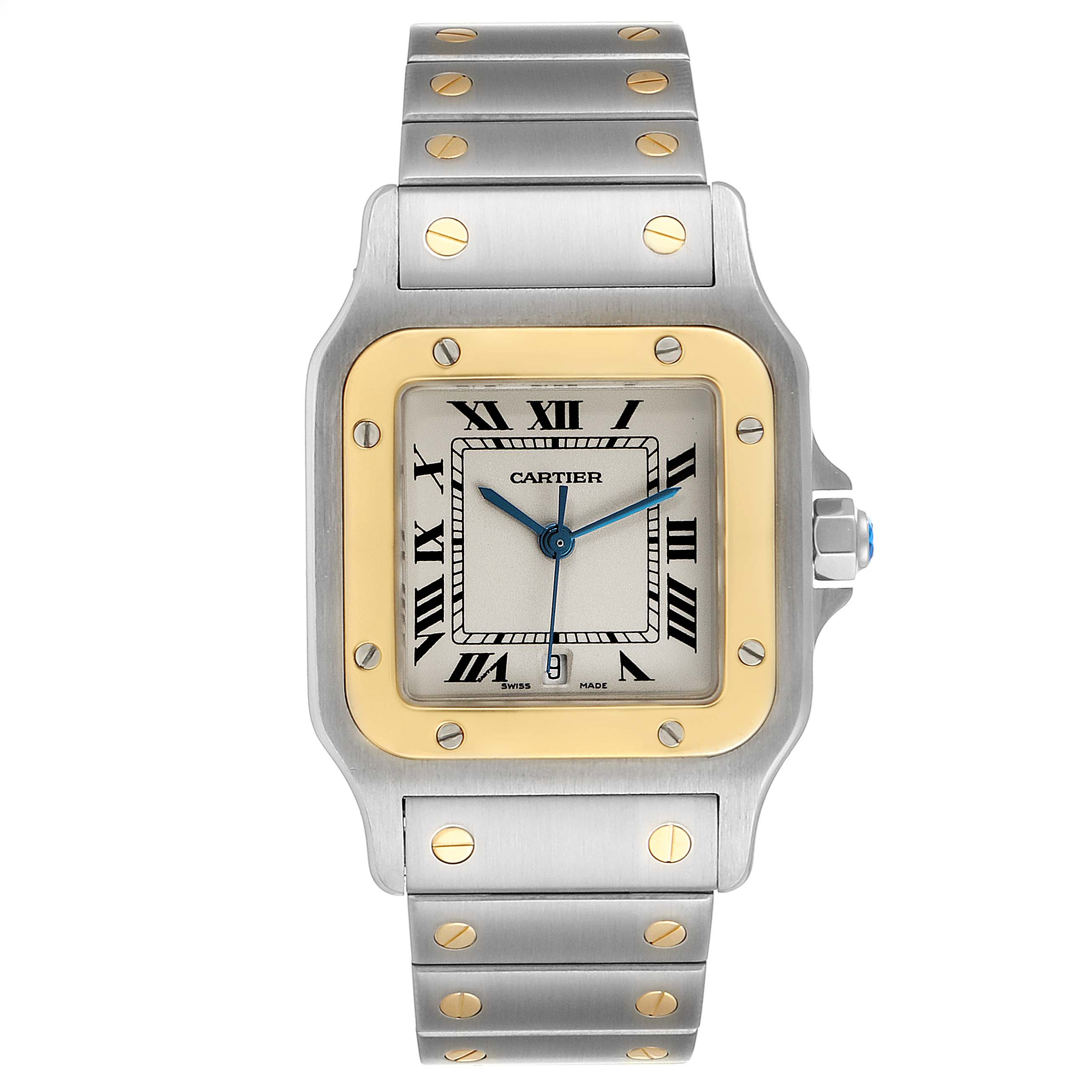 This is a front view of a Cartier Santos W20011C4 Men's Steel and Gold (two tone) Silver Dial W20011C4 Men's Steel and Gold (two tone) Silver Dial model watch, showing its face, bracelet, and bezel.
